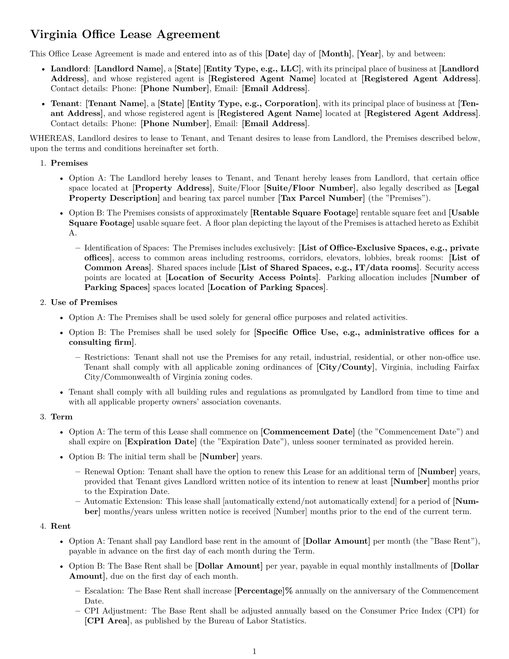 Preview page 1 of Free Virginia office lease agreement template