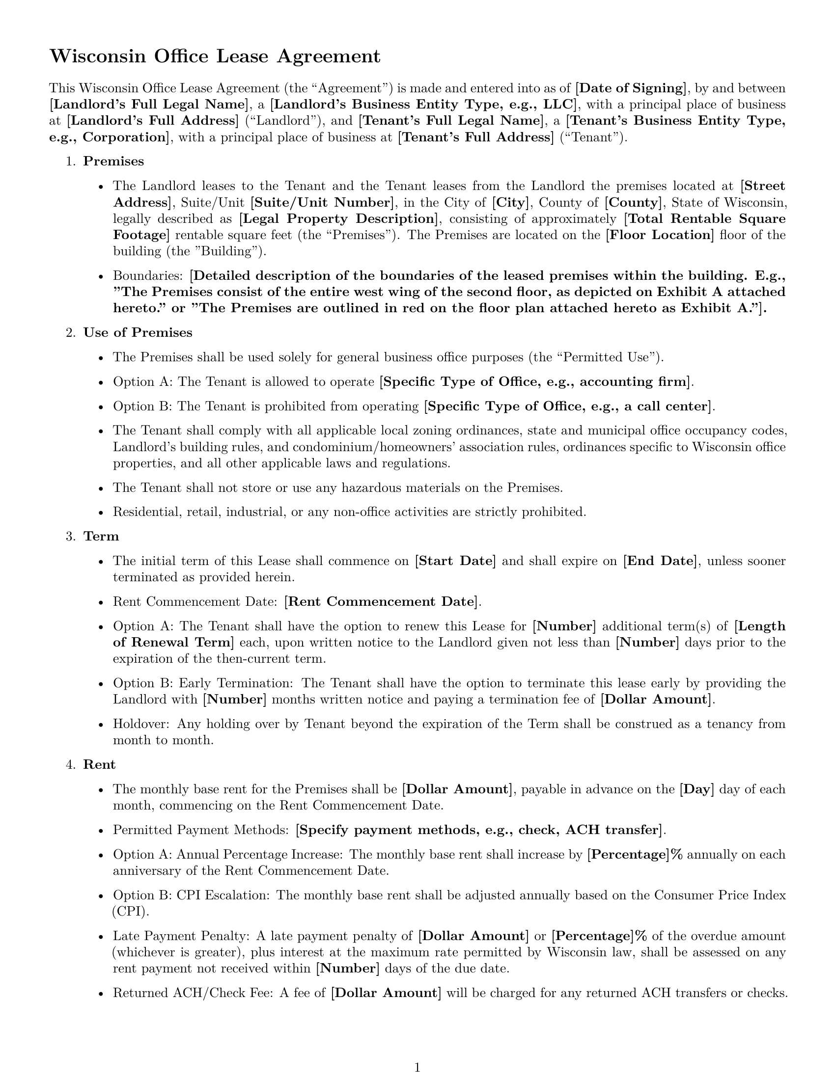 Preview page 1 of Free Wisconsin office lease agreement template
