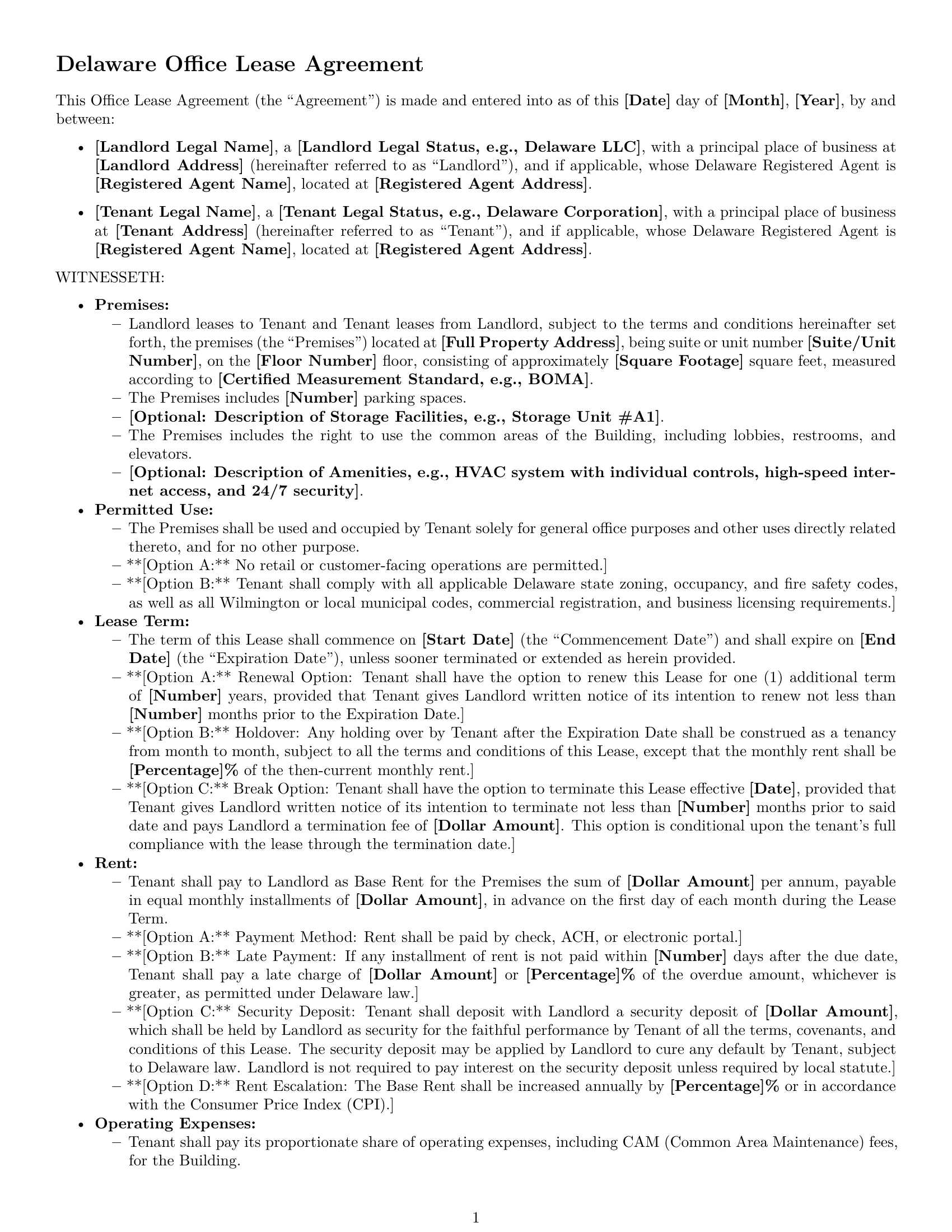 Preview page 1 of Free Delaware office lease agreement template