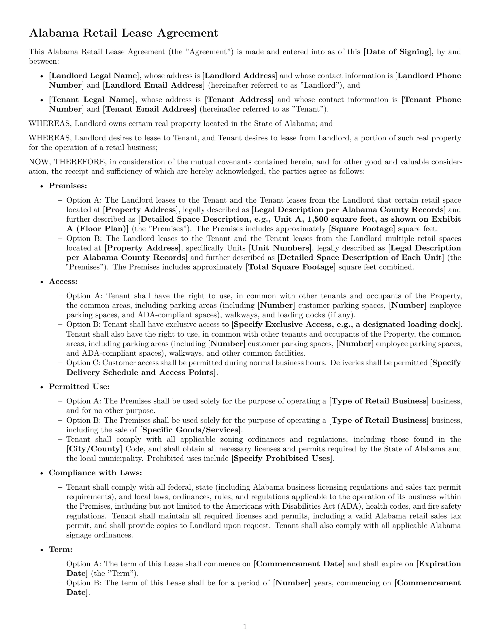 Preview page 1 of Free Alabama retail lease agreement template