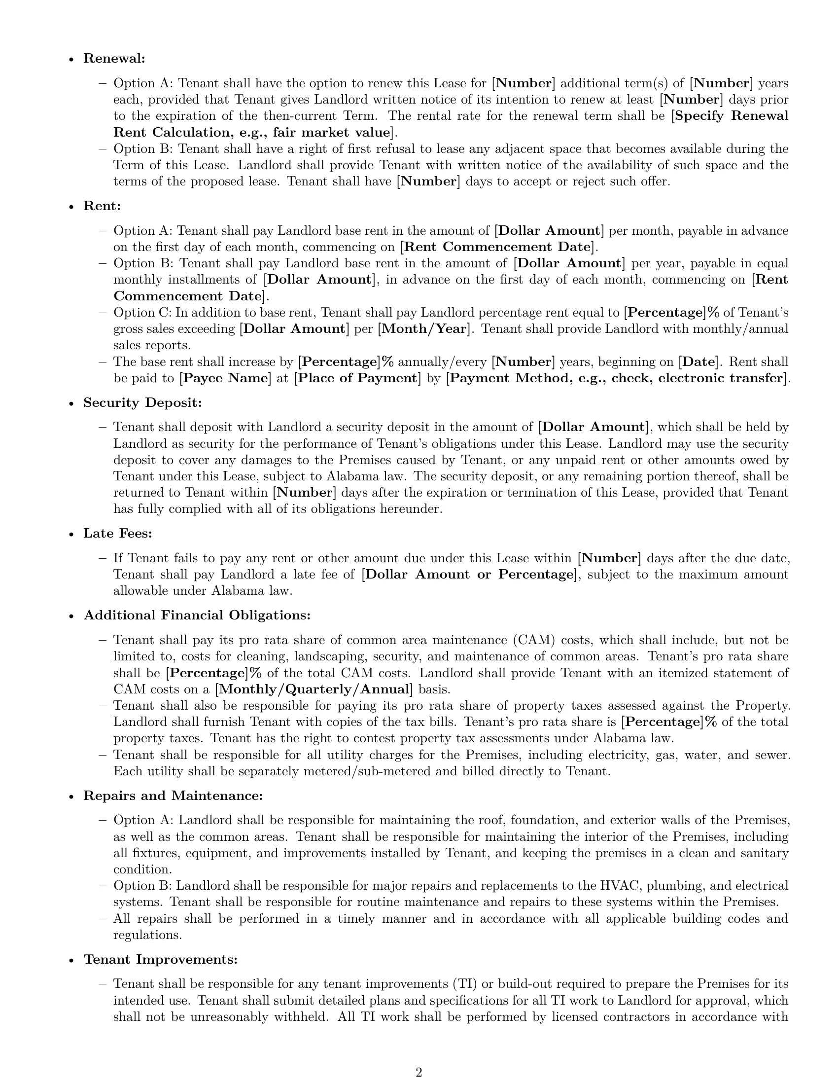 Preview page 2 of Free Alabama retail lease agreement template