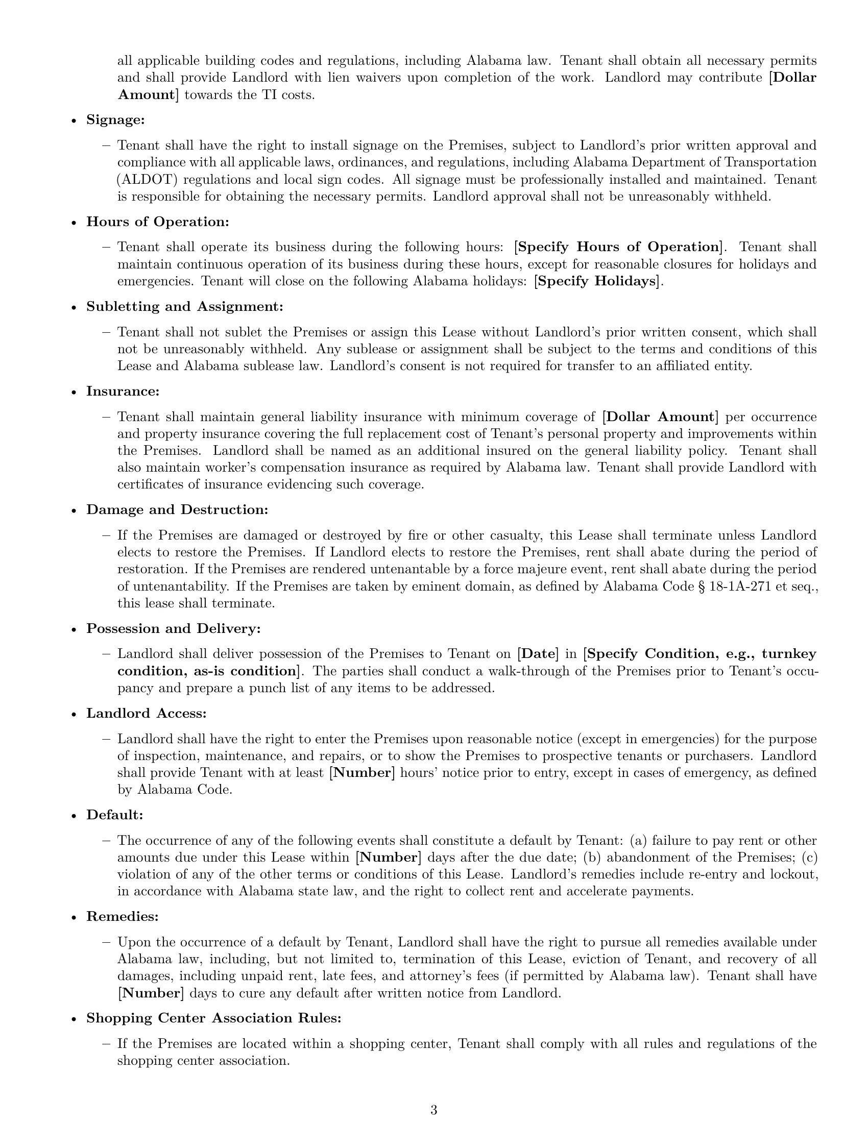 Preview page 3 of Free Alabama retail lease agreement template