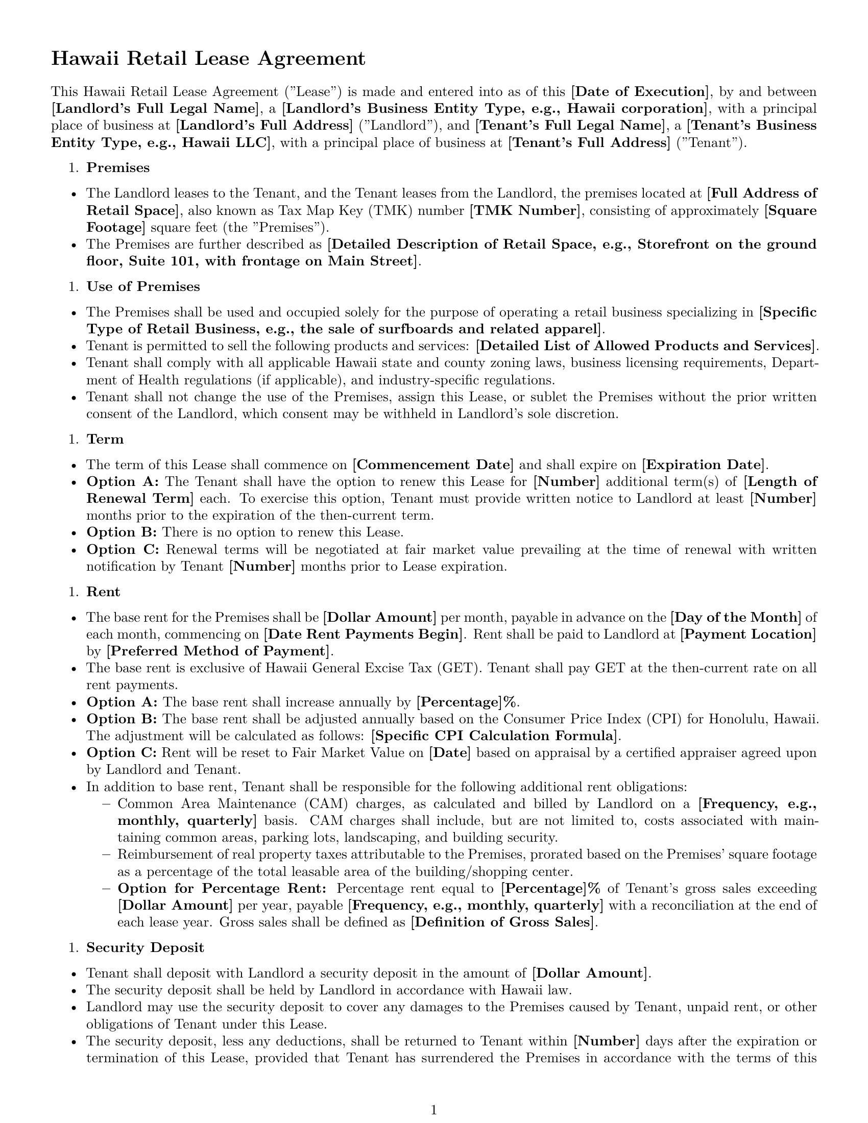 Preview page 1 of Free Hawaii retail lease agreement template