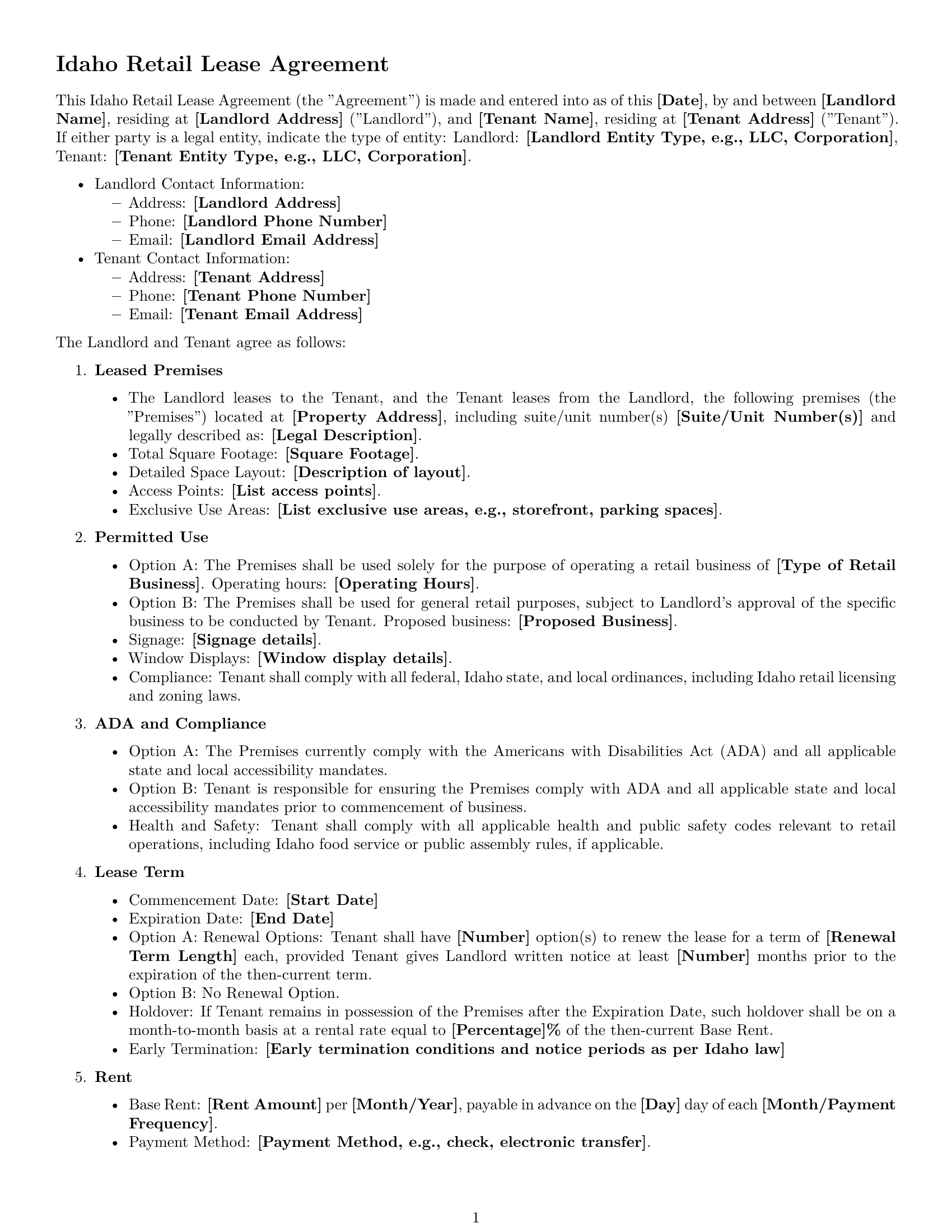 Preview page 1 of Free Idaho retail lease agreement template