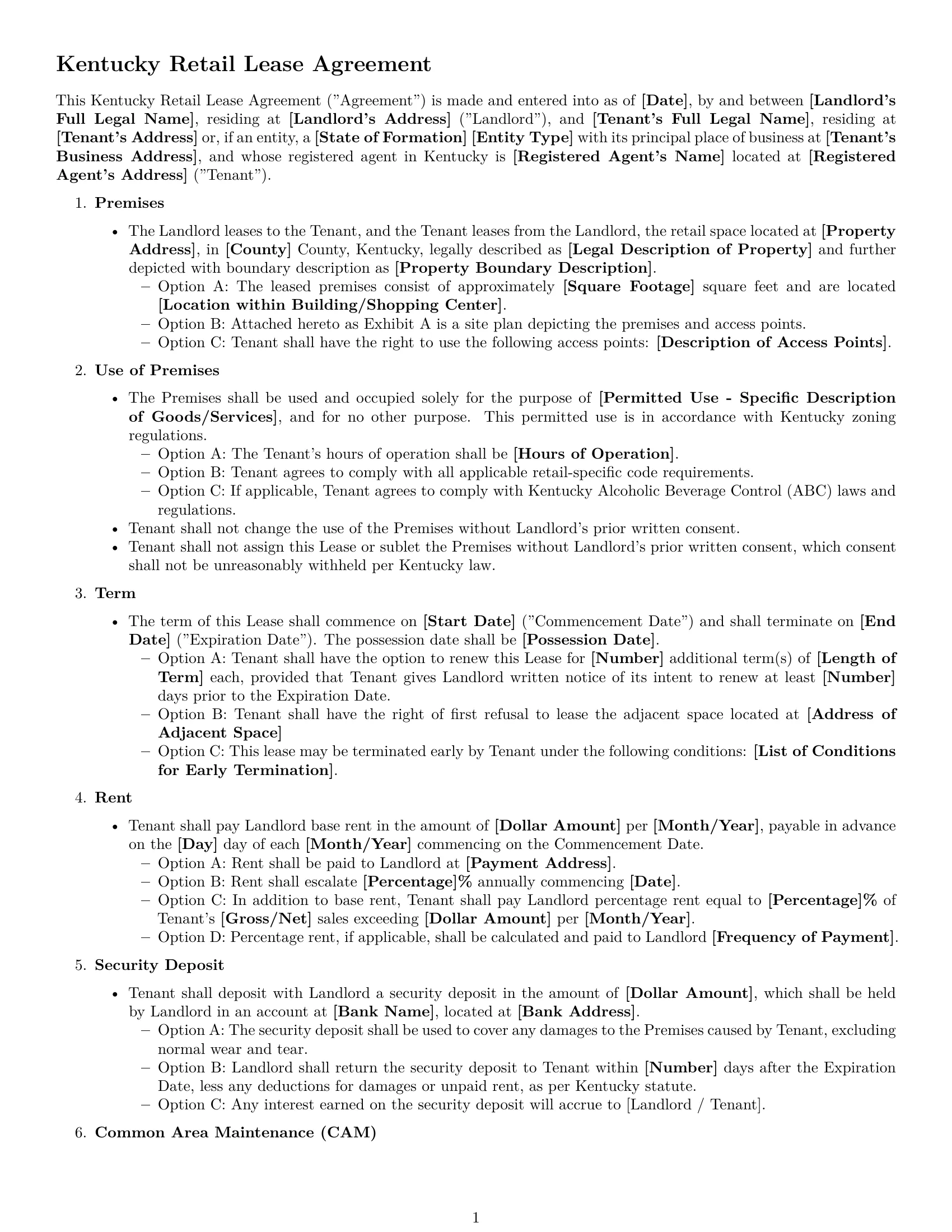 Preview page 1 of Free Kentucky retail lease agreement template