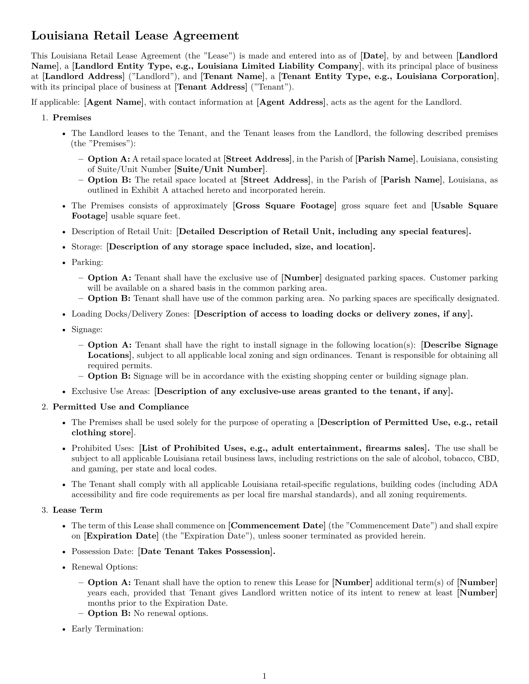 Preview page 1 of Free Louisiana retail lease agreement template