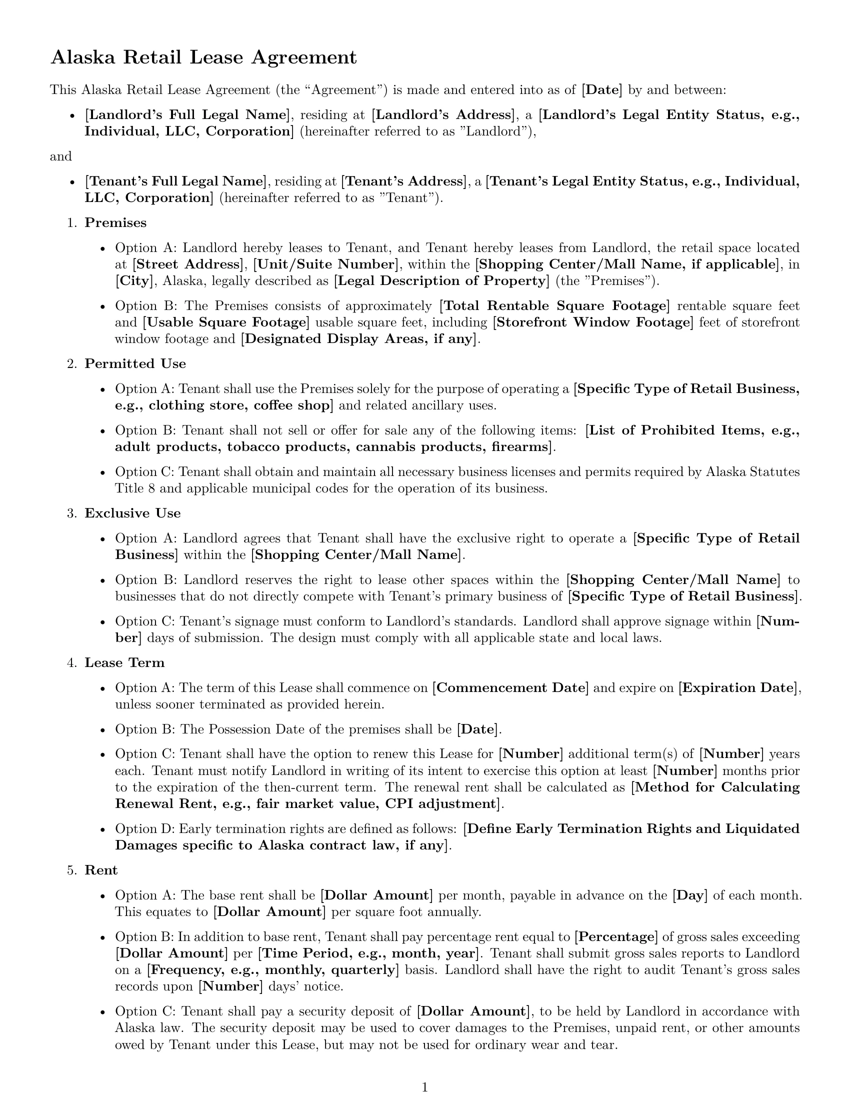 Preview page 1 of Free Alaska retail lease agreement template