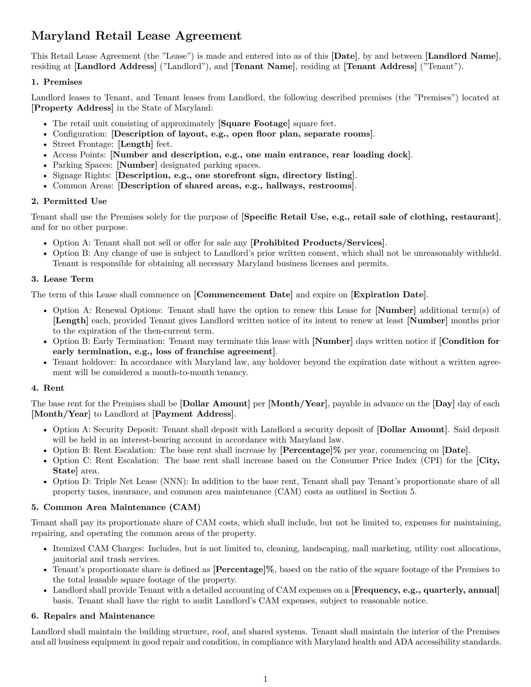 Preview page 1 of Free Maryland retail lease agreement template