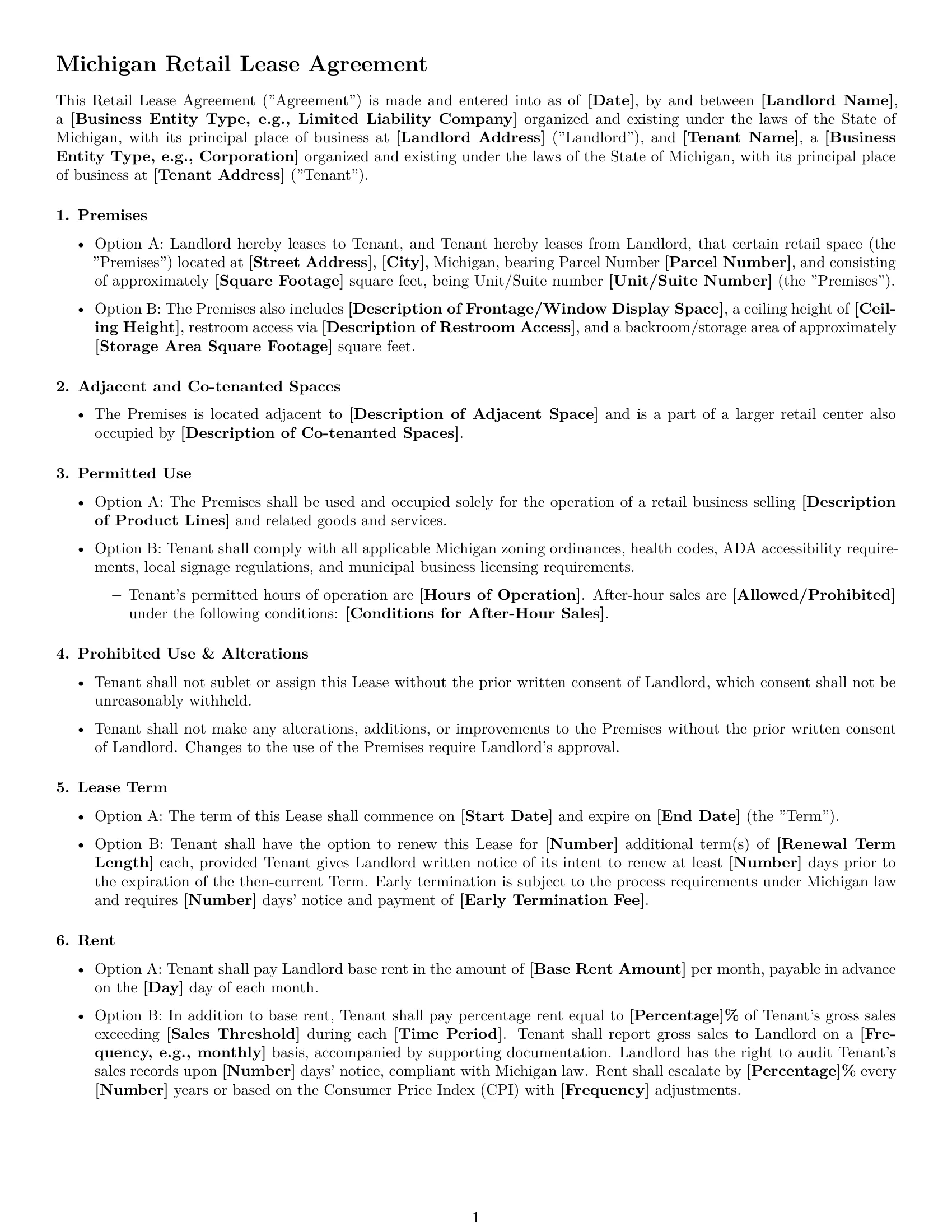 Preview page 1 of Free Michigan retail lease agreement template