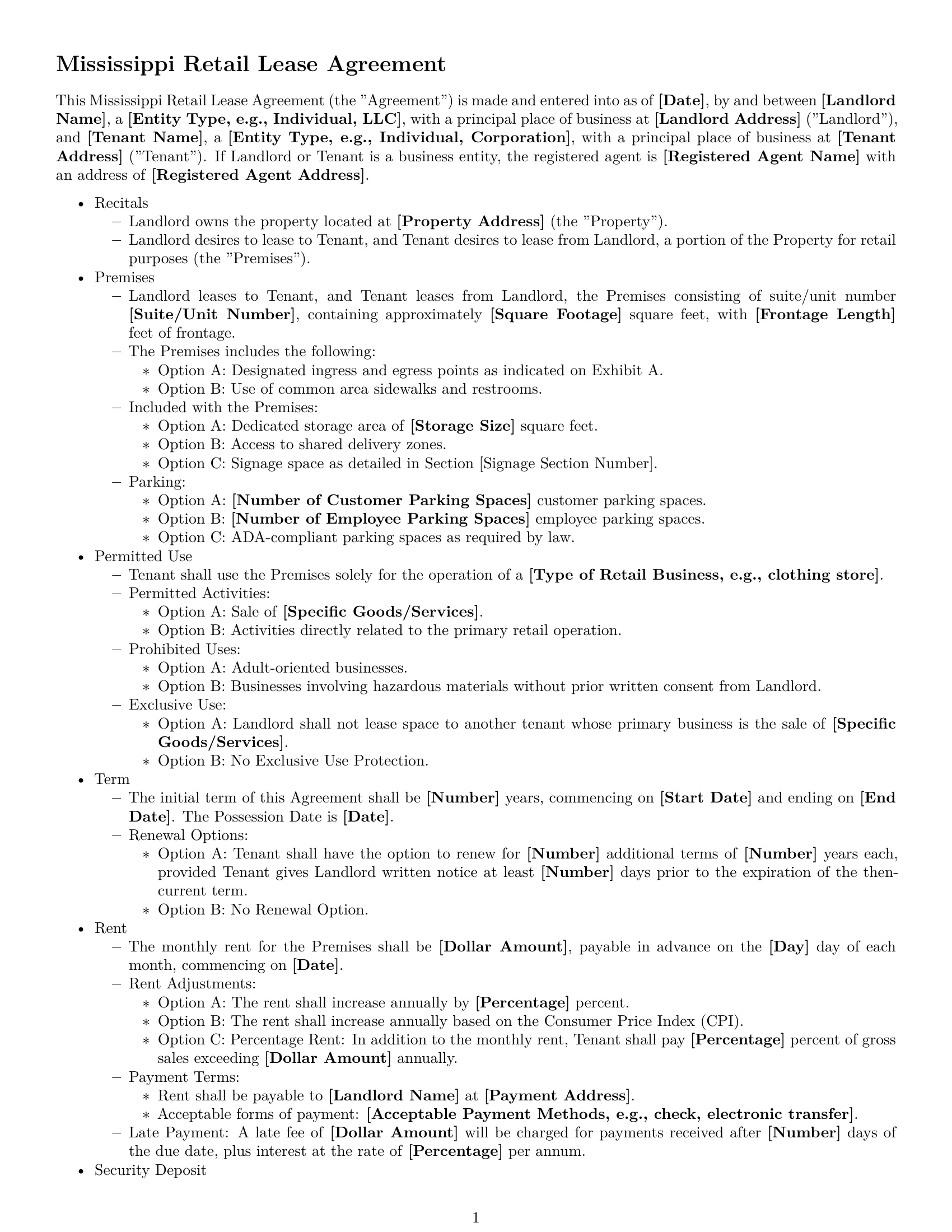Preview page 1 of Free Mississippi retail lease agreement template