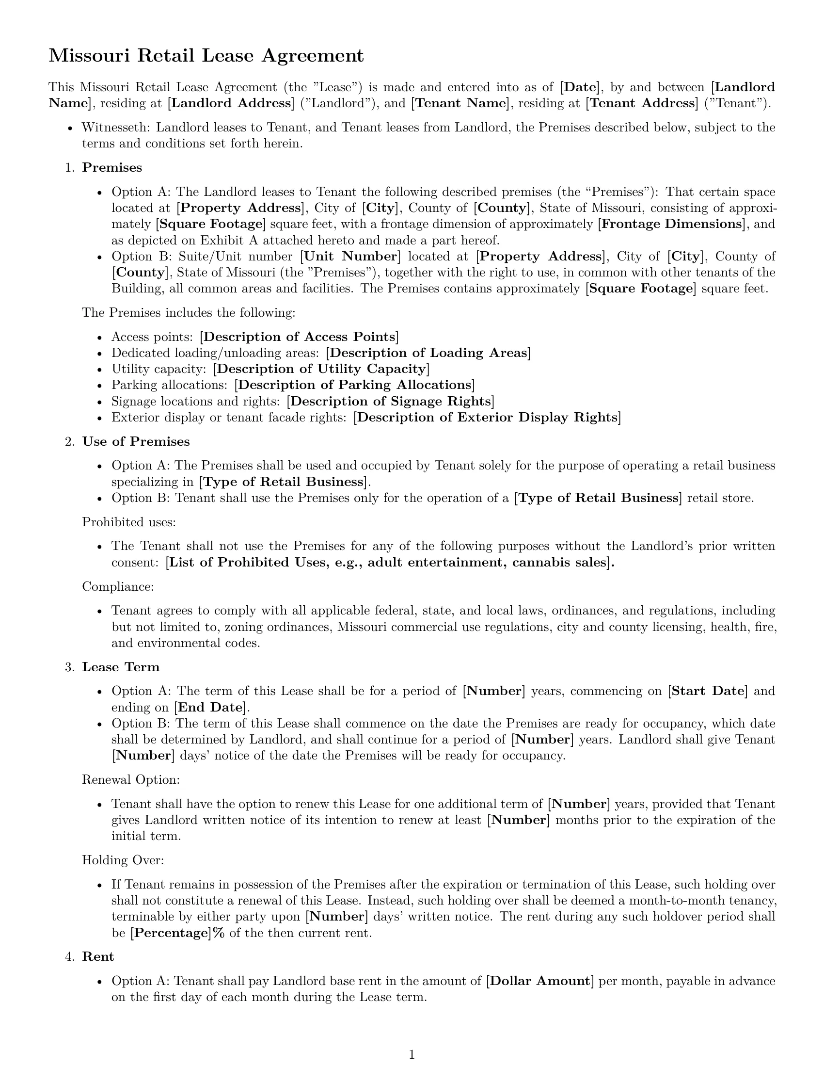 Preview page 1 of Free Missouri retail lease agreement template