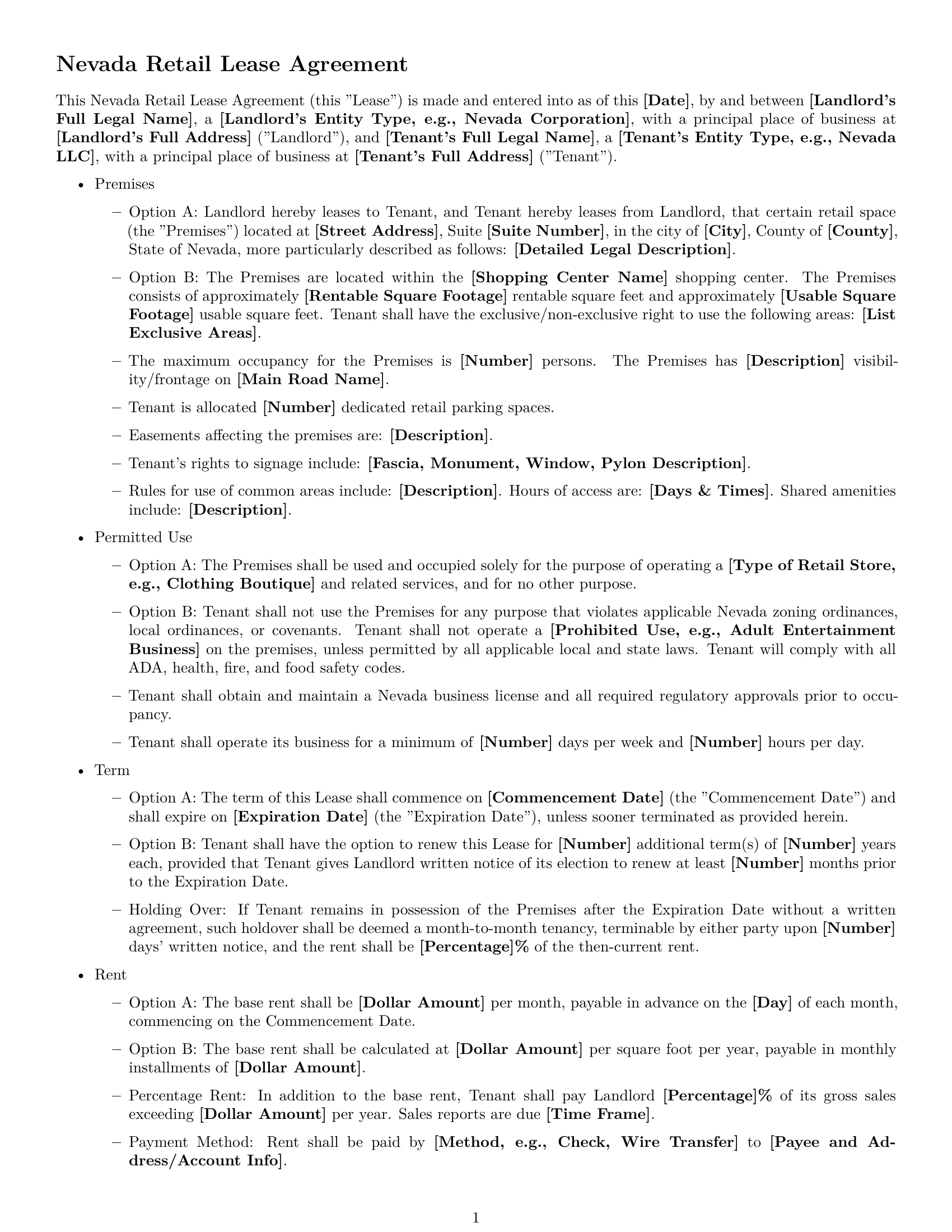 Preview page 1 of Free Nevada retail lease agreement template