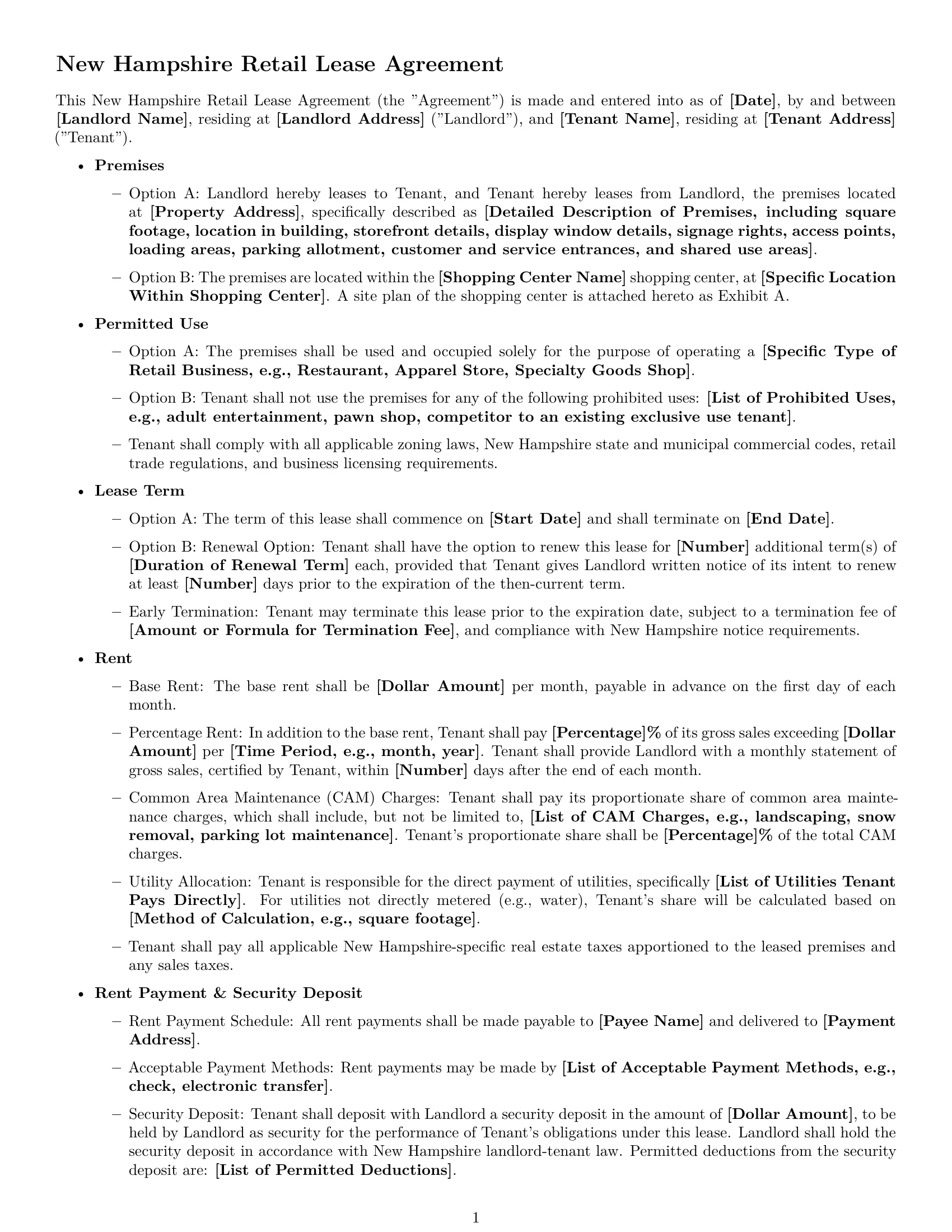 Preview page 1 of Free New Hampshire retail lease agreement template
