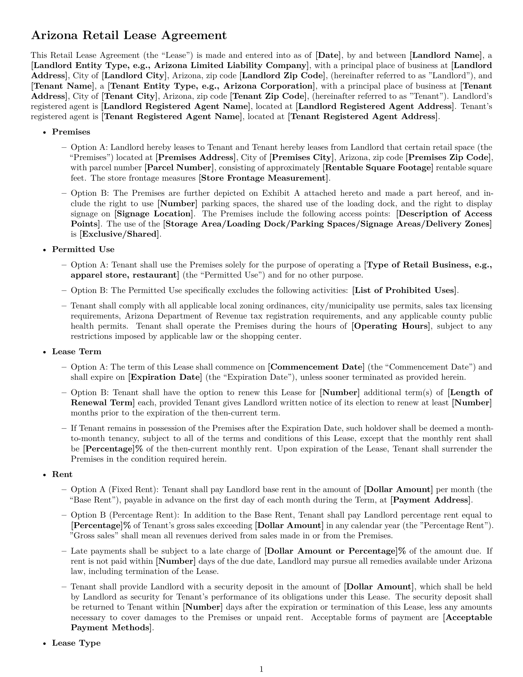 Preview page 1 of Free Arizona retail lease agreement template