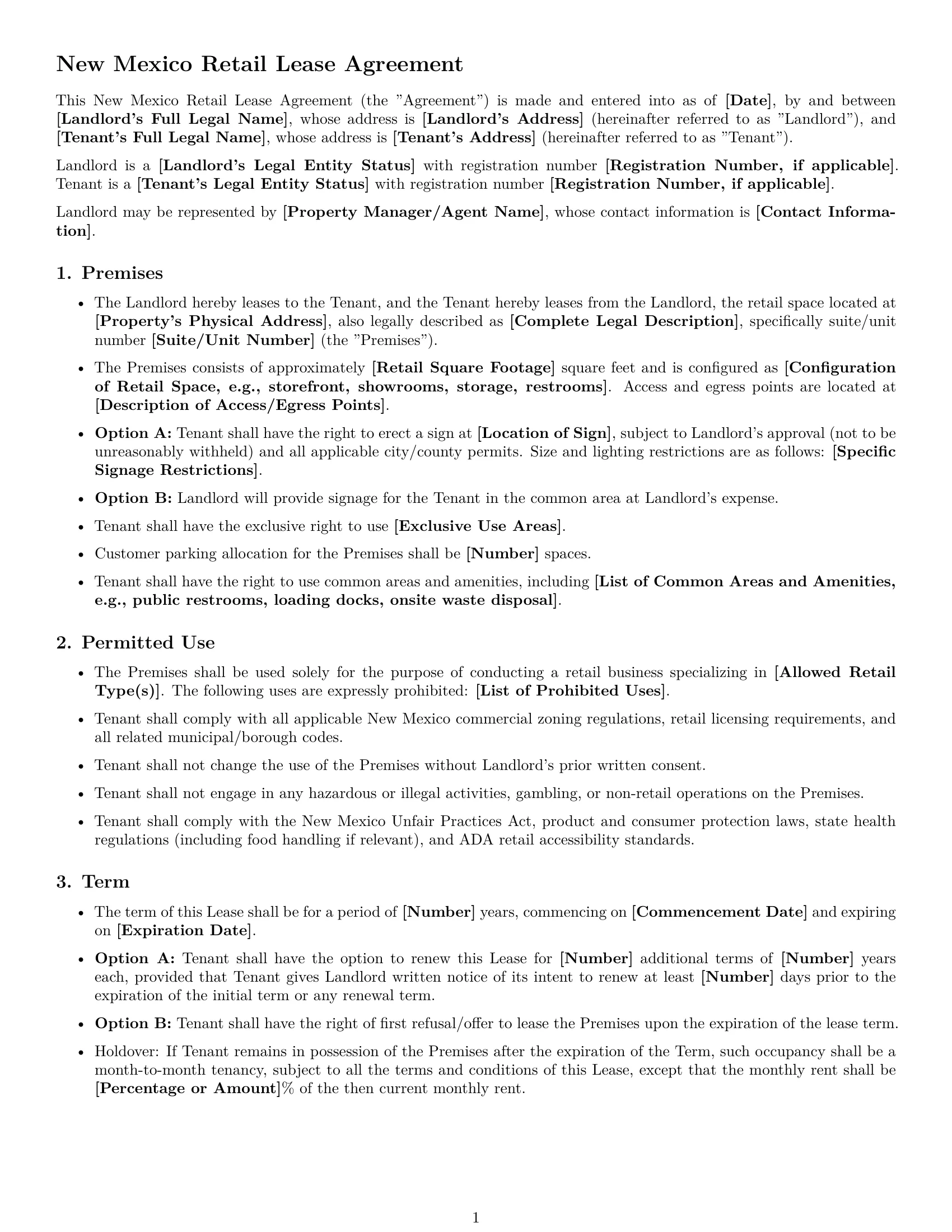Preview page 1 of Free New Mexico retail lease agreement template