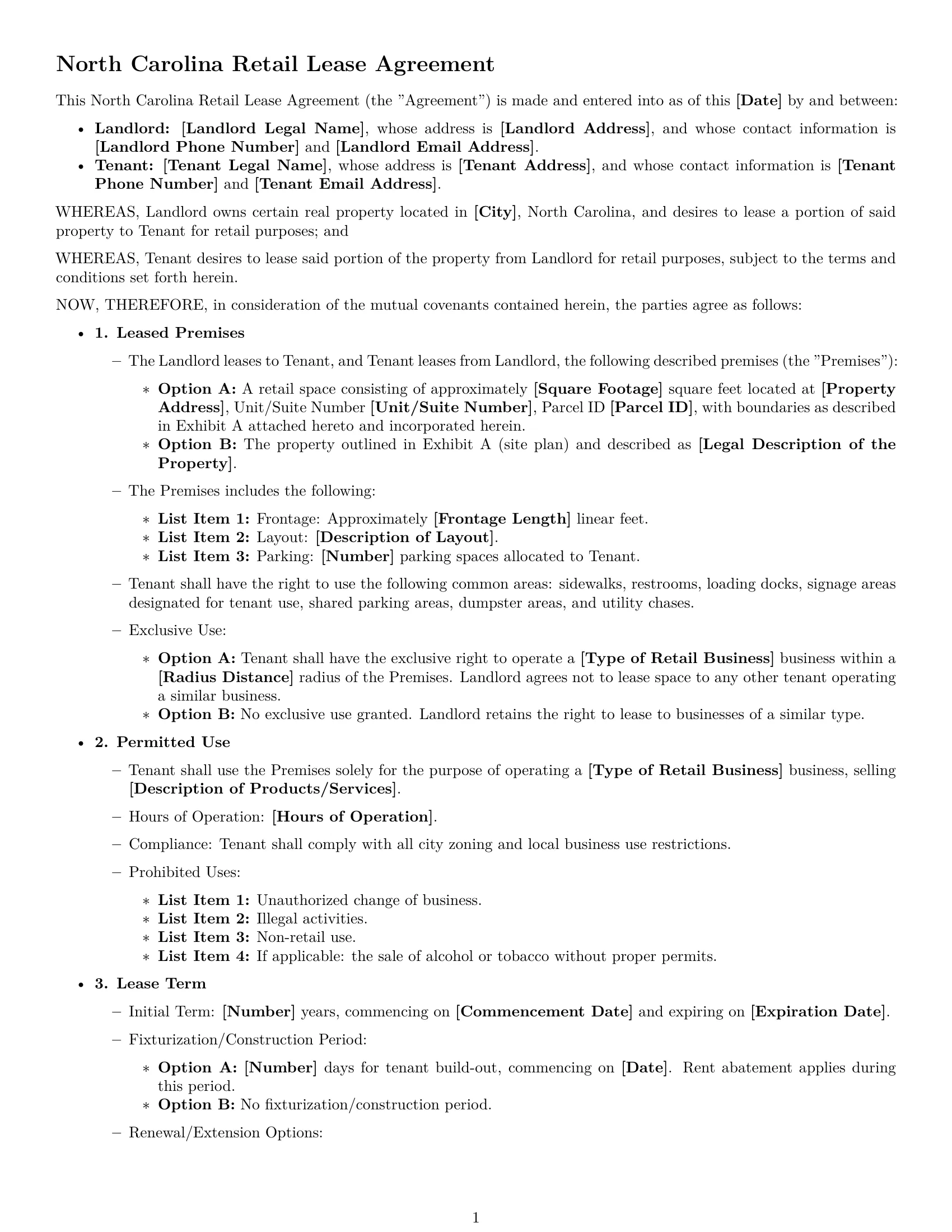 Preview page 1 of Free North Carolina retail lease agreement template