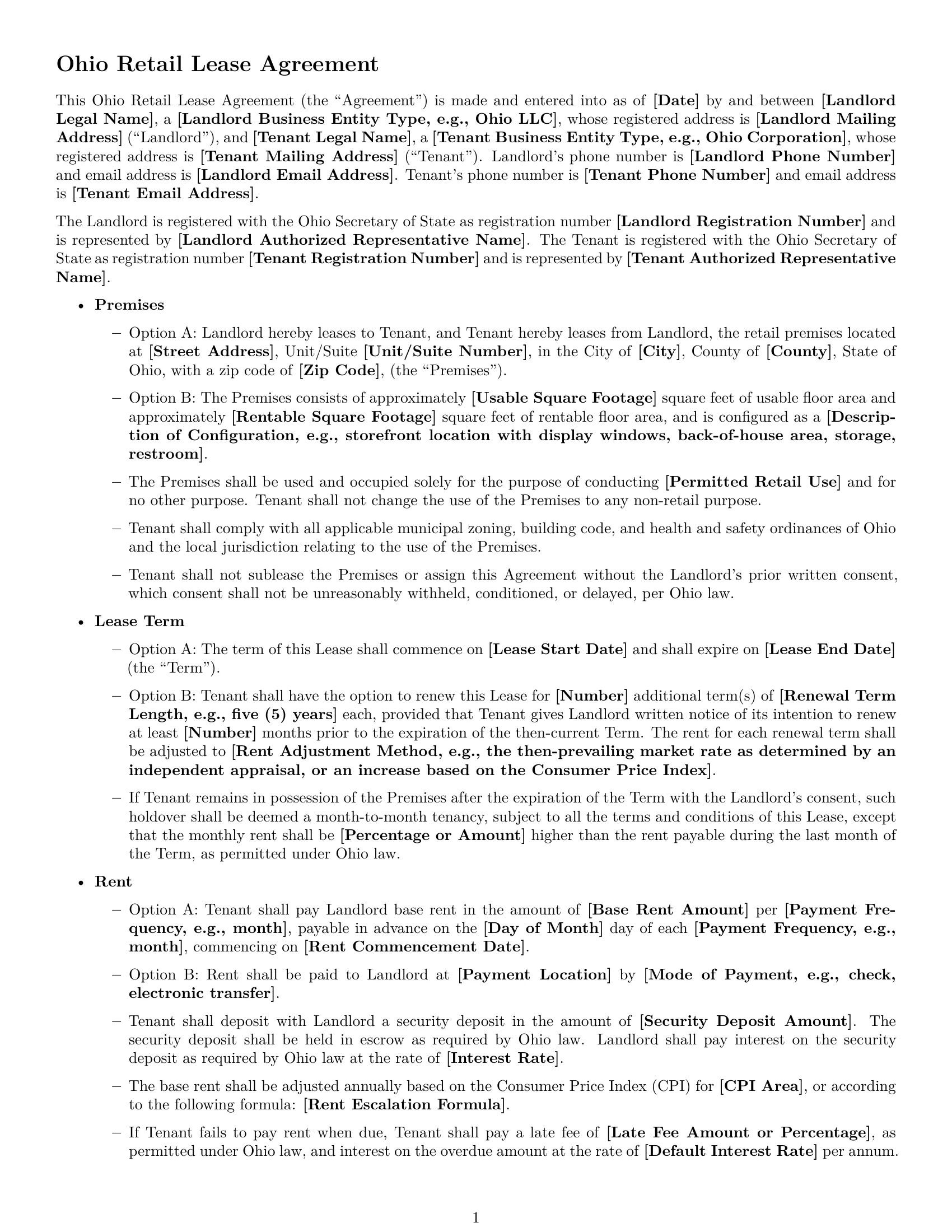 Preview page 1 of Free Ohio retail lease agreement template