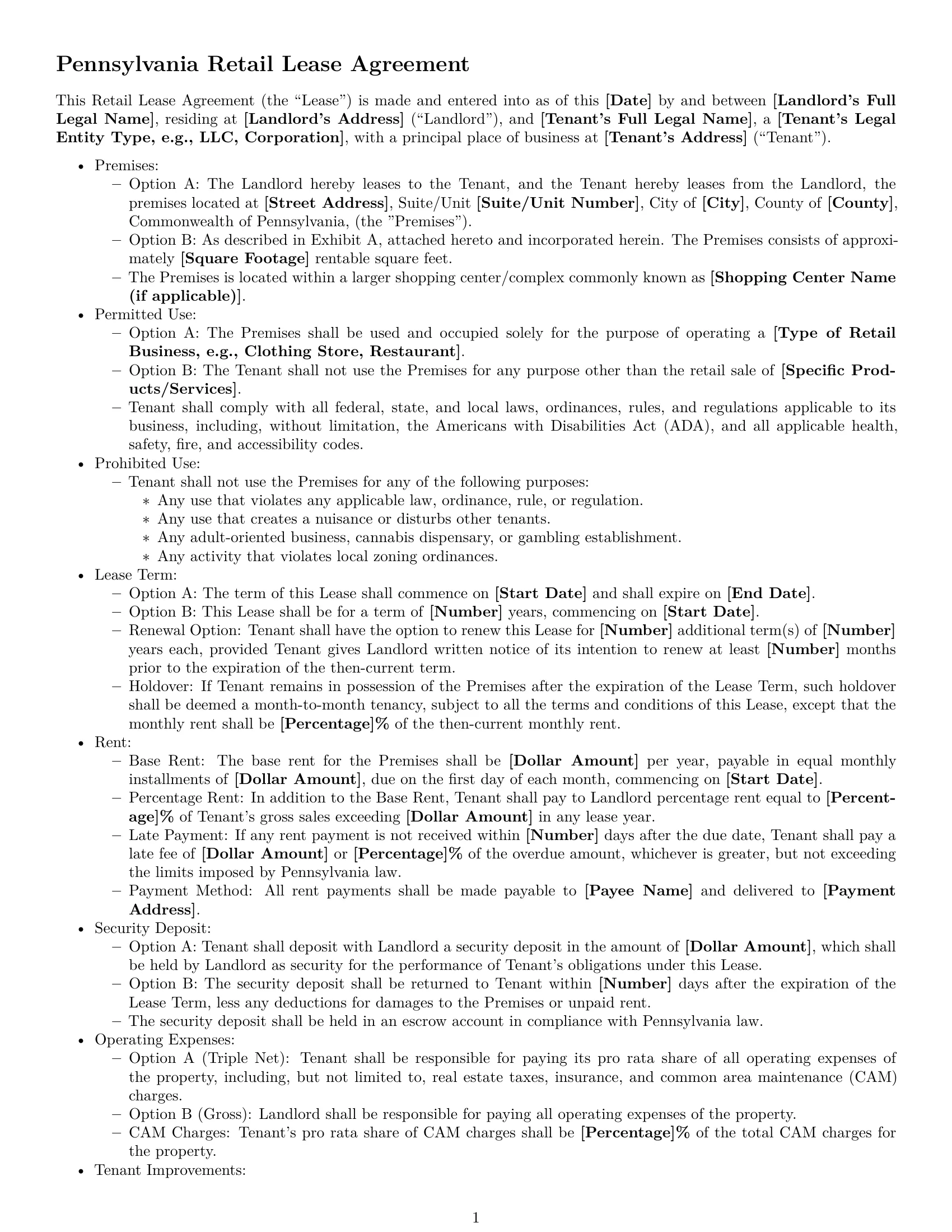 Preview page 1 of Free Pennsylvania retail lease agreement template