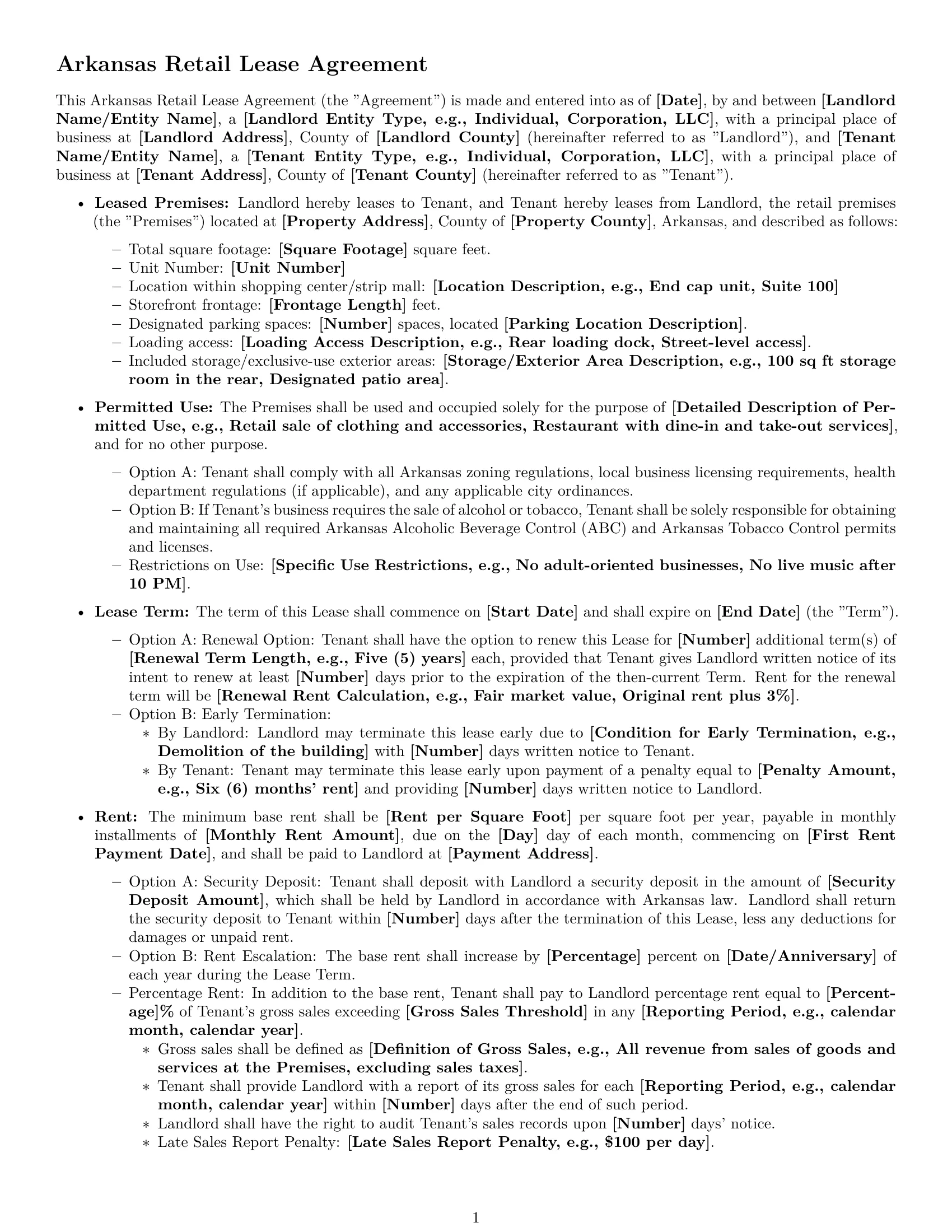 Preview page 1 of Free Arkansas retail lease agreement template