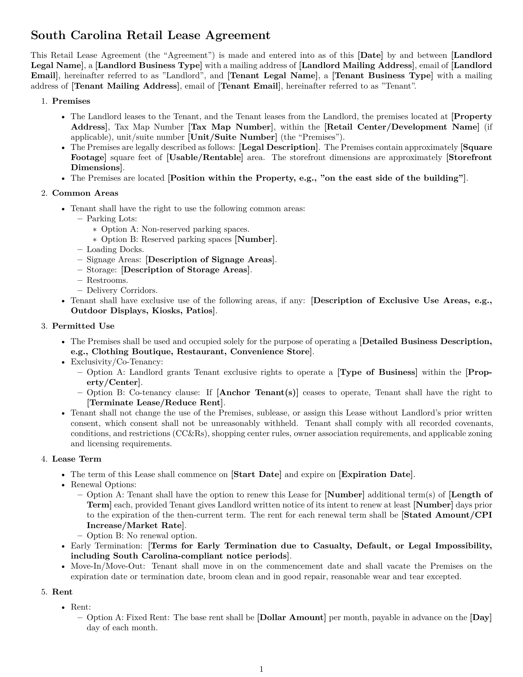 Preview page 1 of Free South Carolina retail lease agreement template