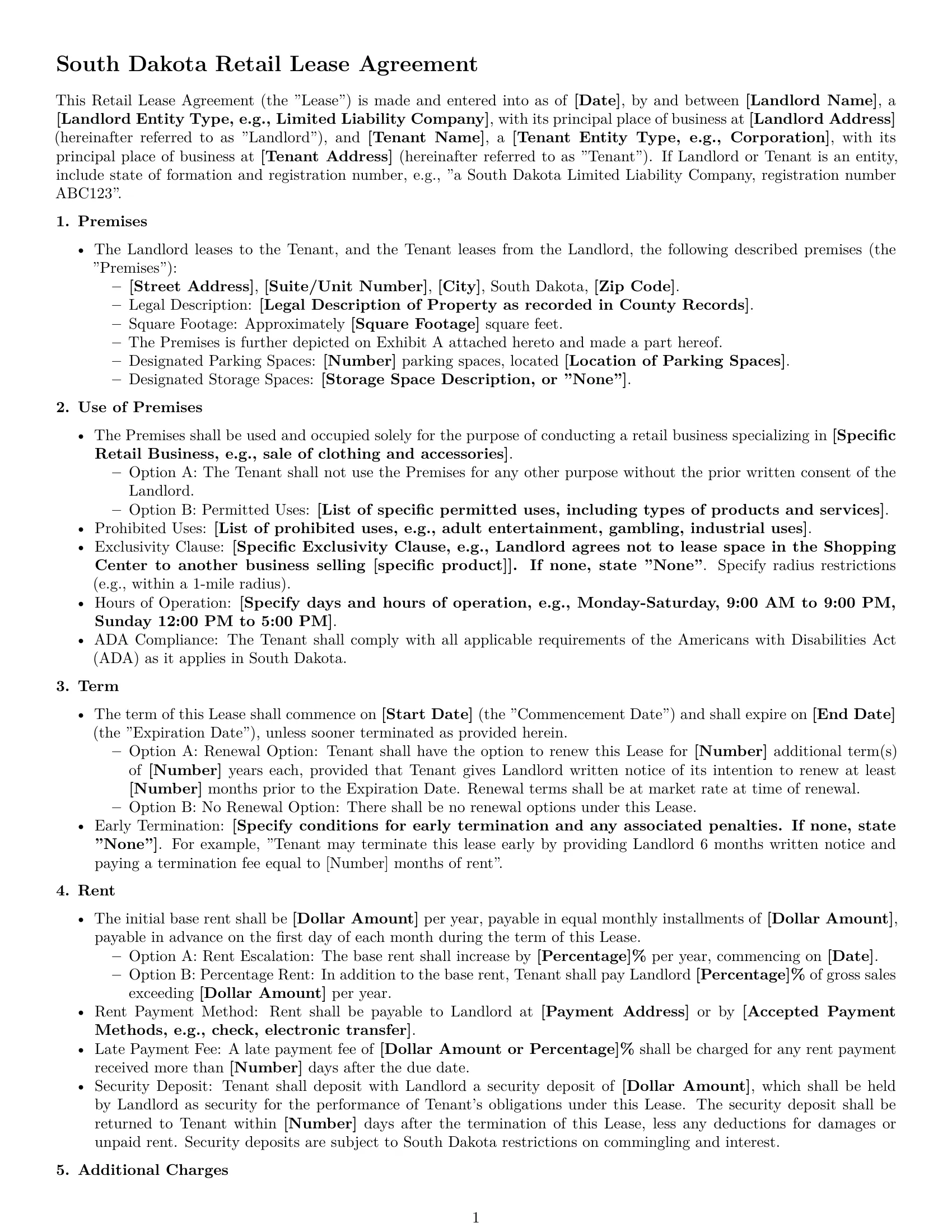 Preview page 1 of Free South Dakota retail lease agreement template