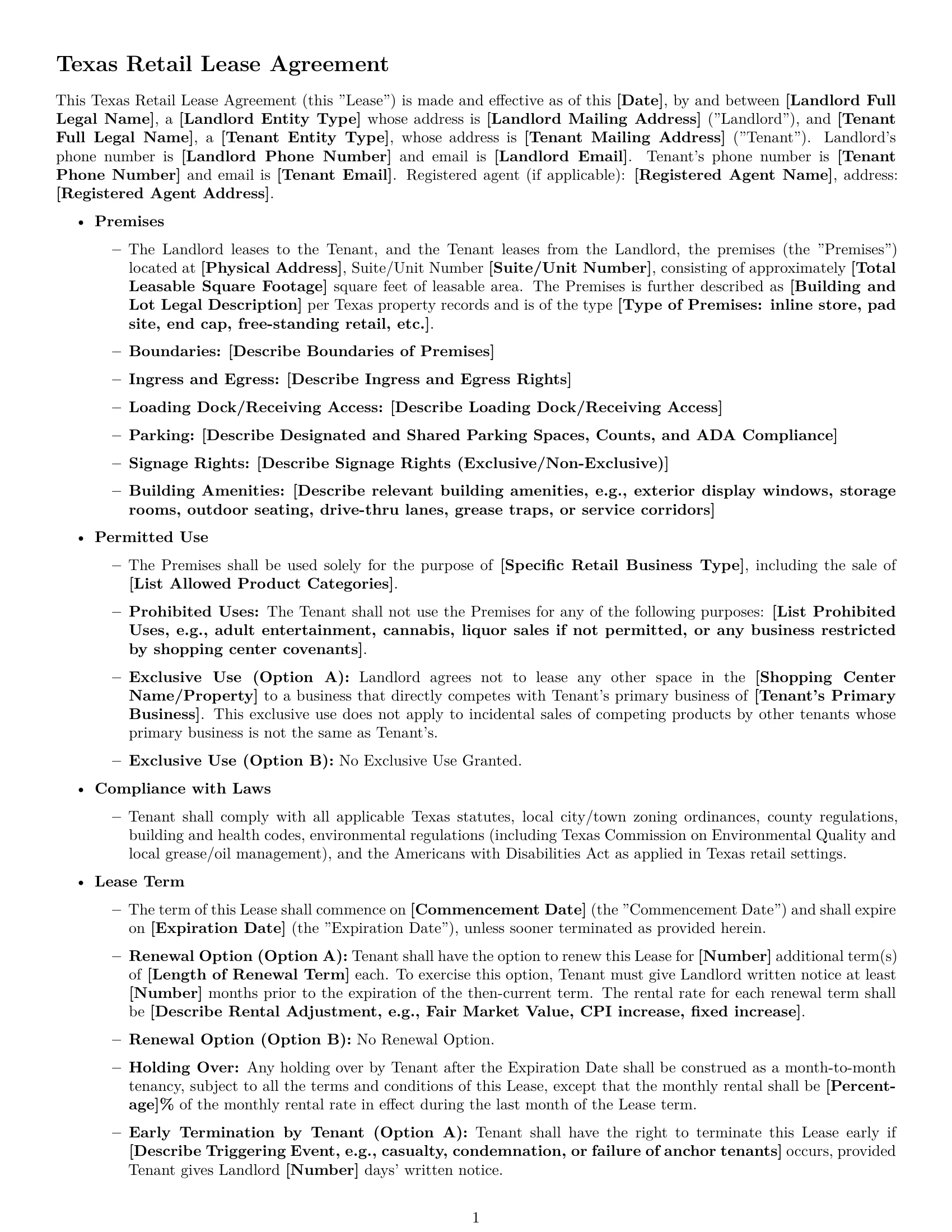Preview page 1 of Free Texas retail lease agreement template