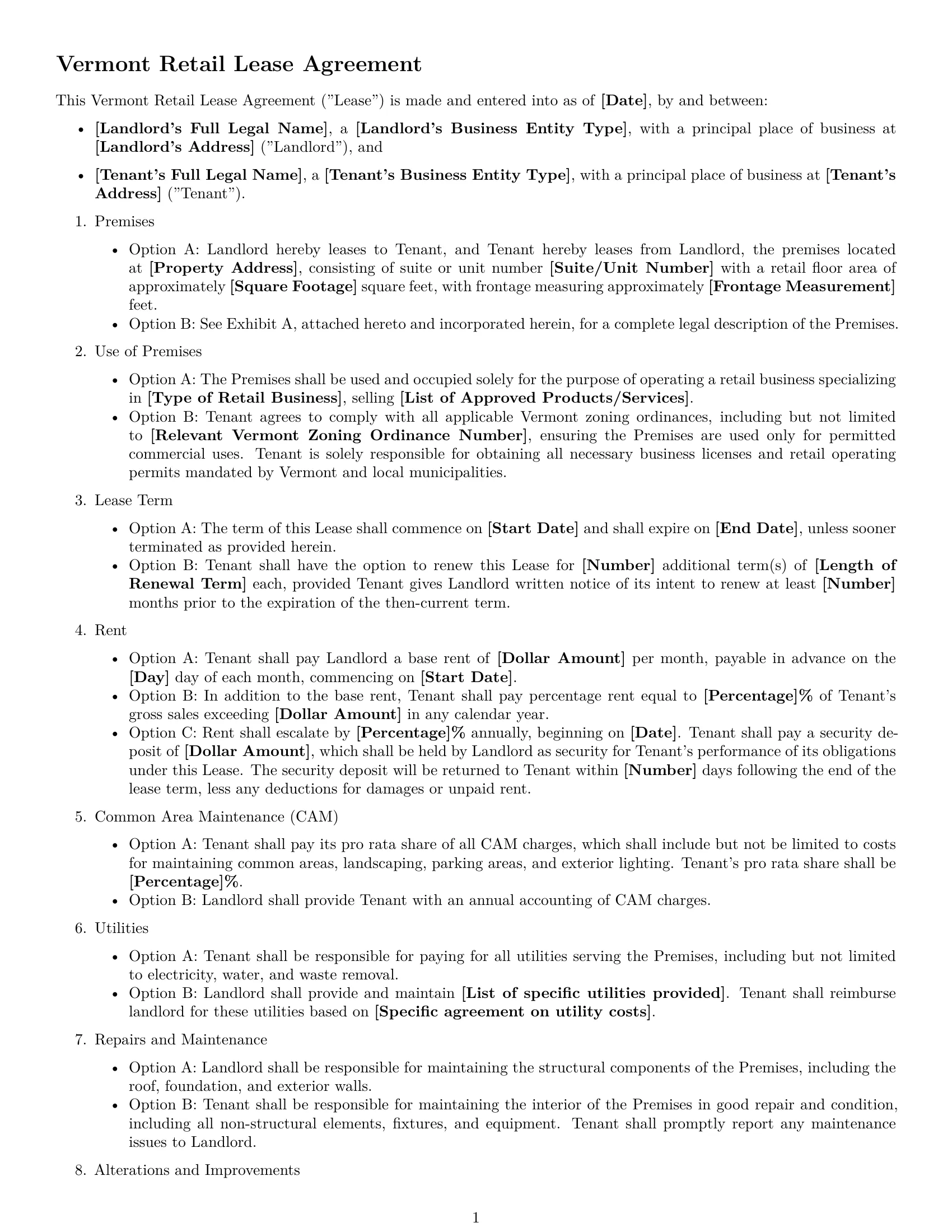Preview page 1 of Free Vermont retail lease agreement template