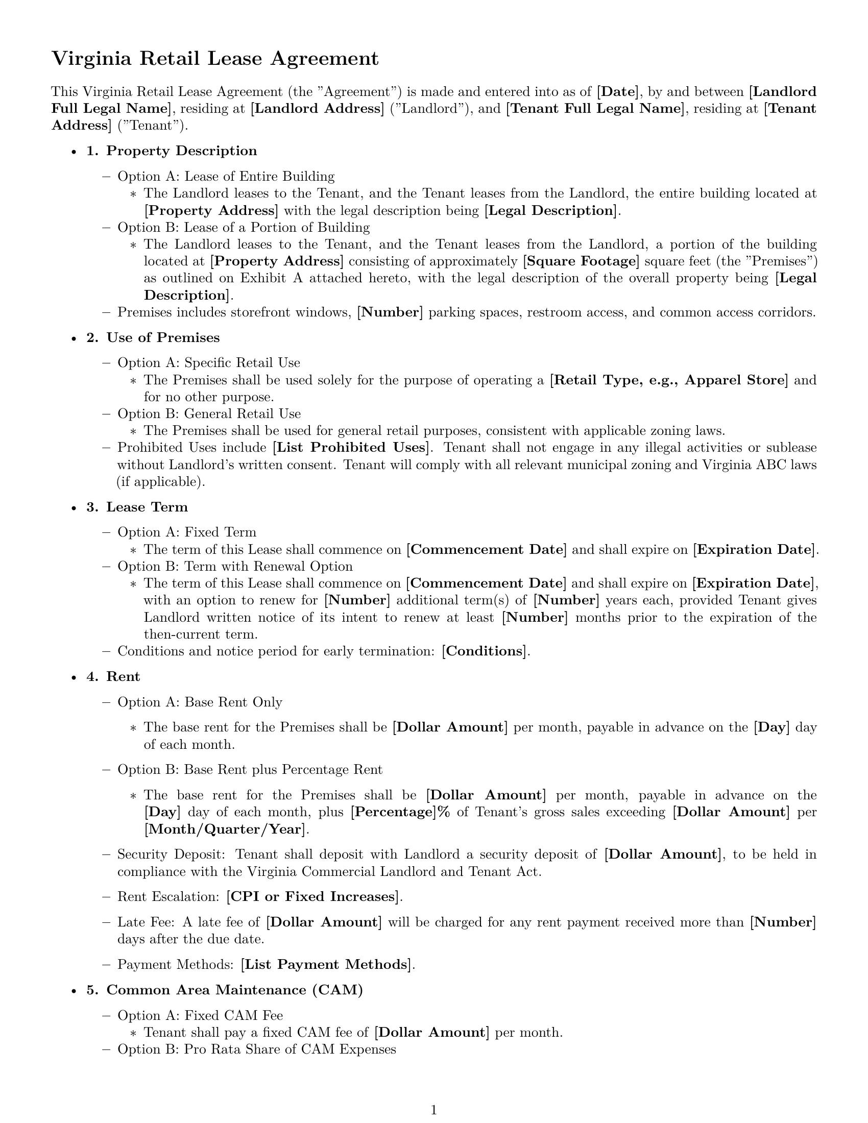 Preview page 1 of Free Virginia retail lease agreement template