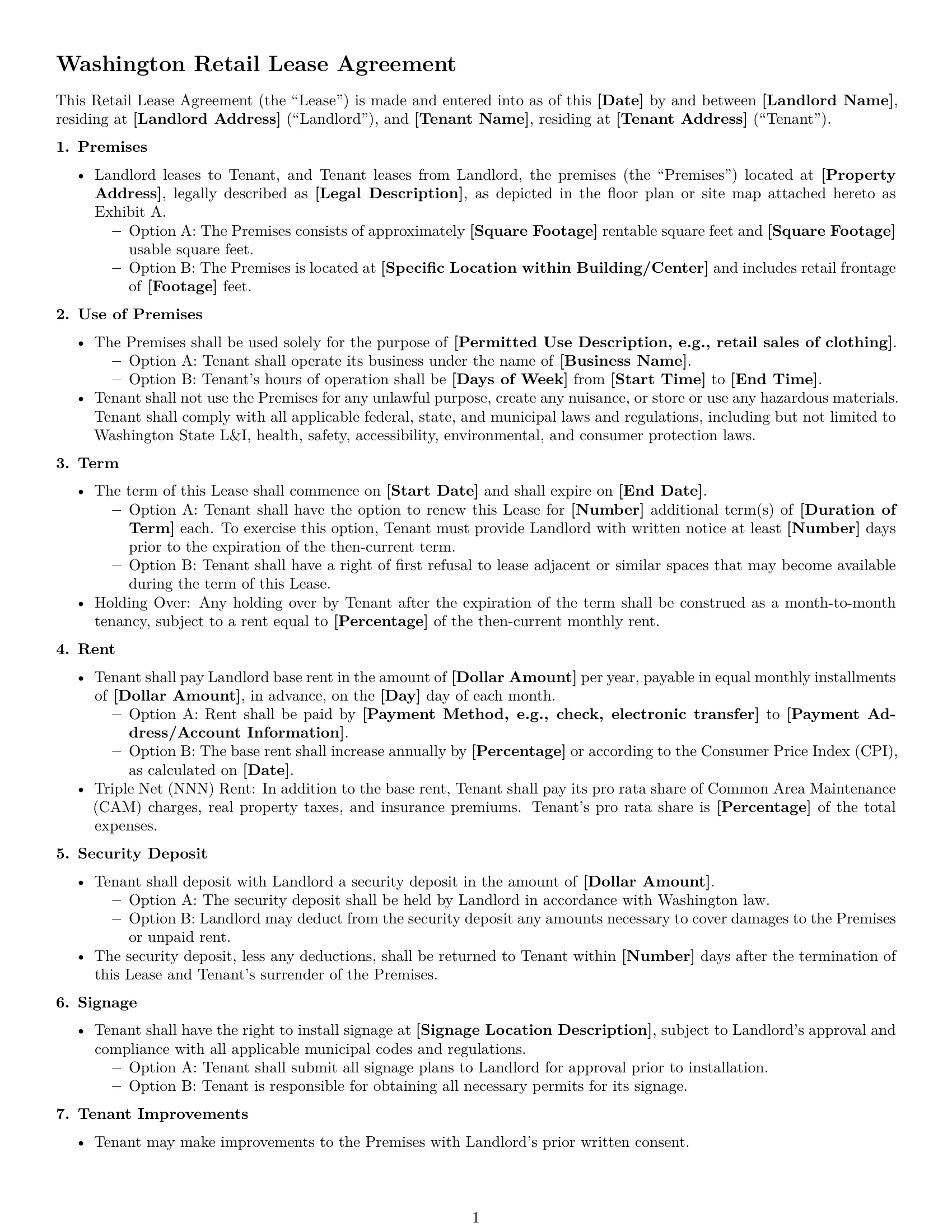 Preview page 1 of Free Washington retail lease agreement template