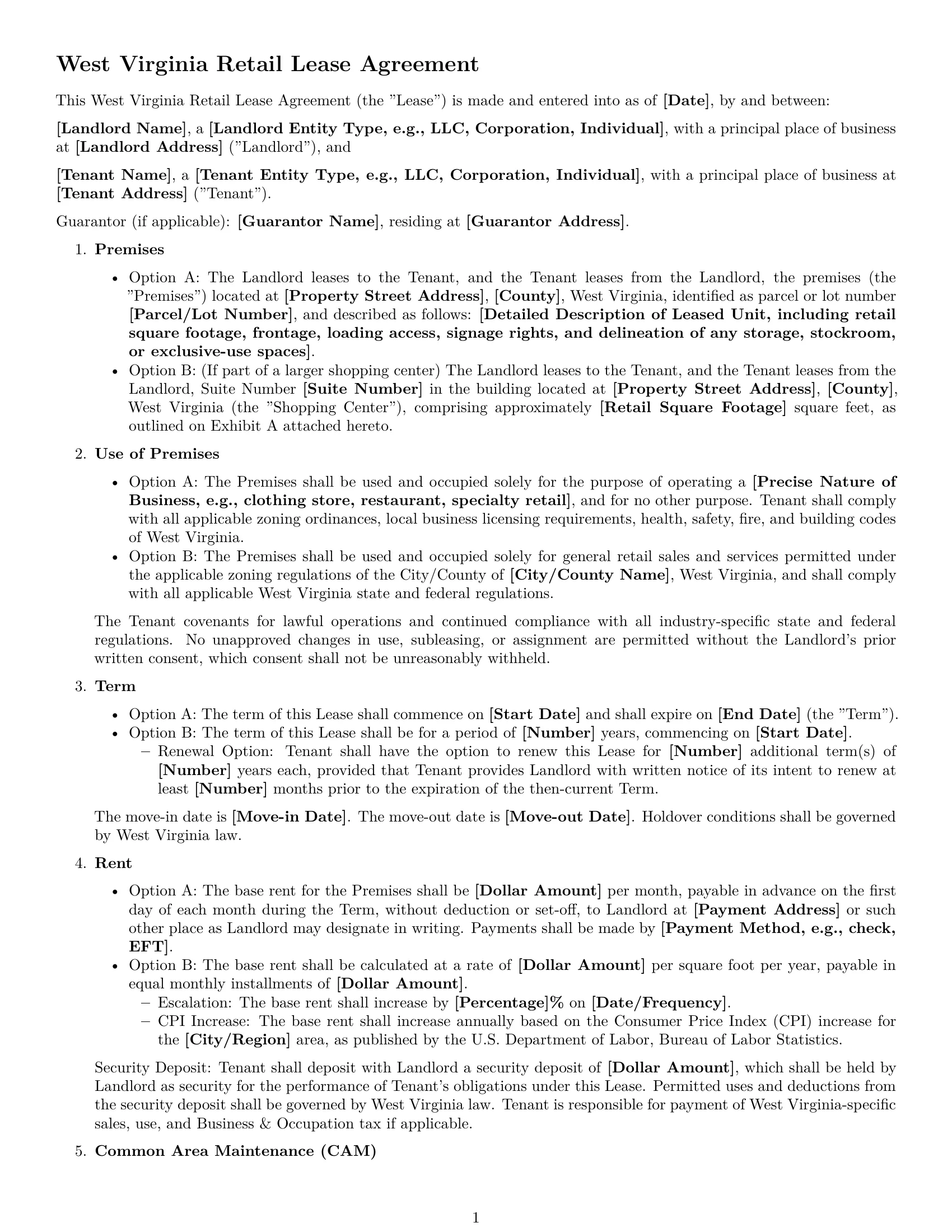 Preview page 1 of Free West Virginia retail lease agreement template
