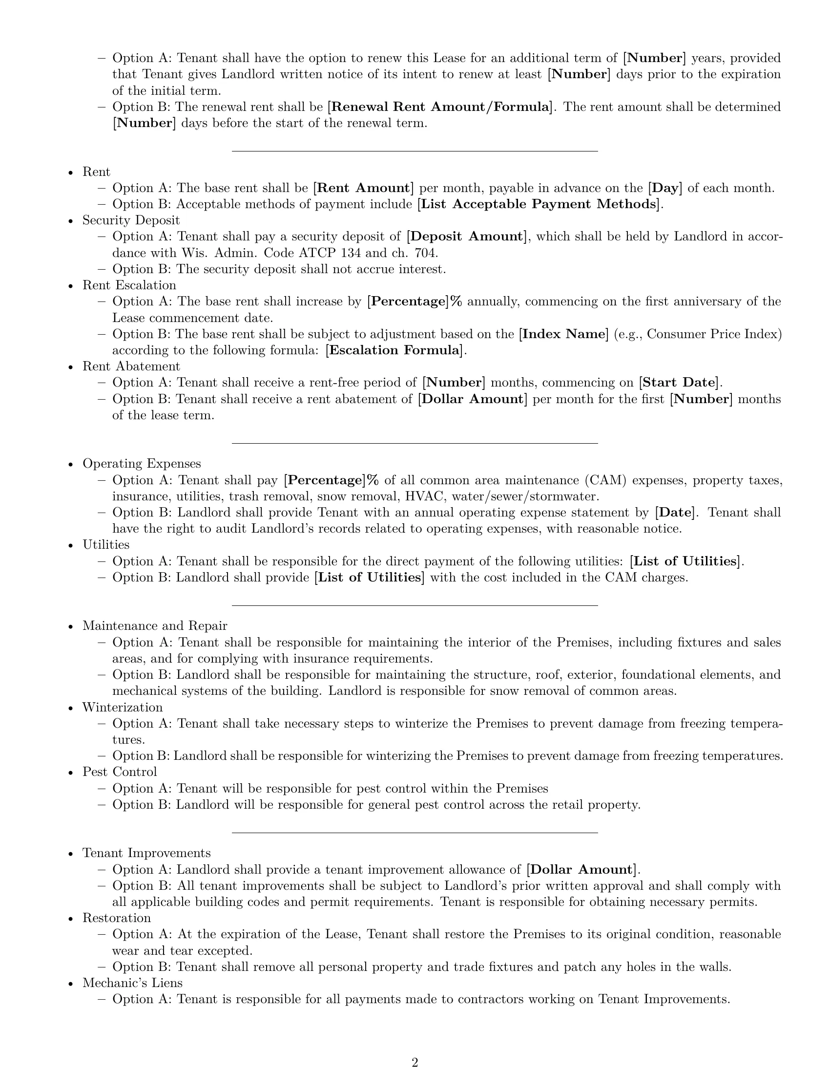 Preview page 2 of Free Wisconsin retail lease agreement template
