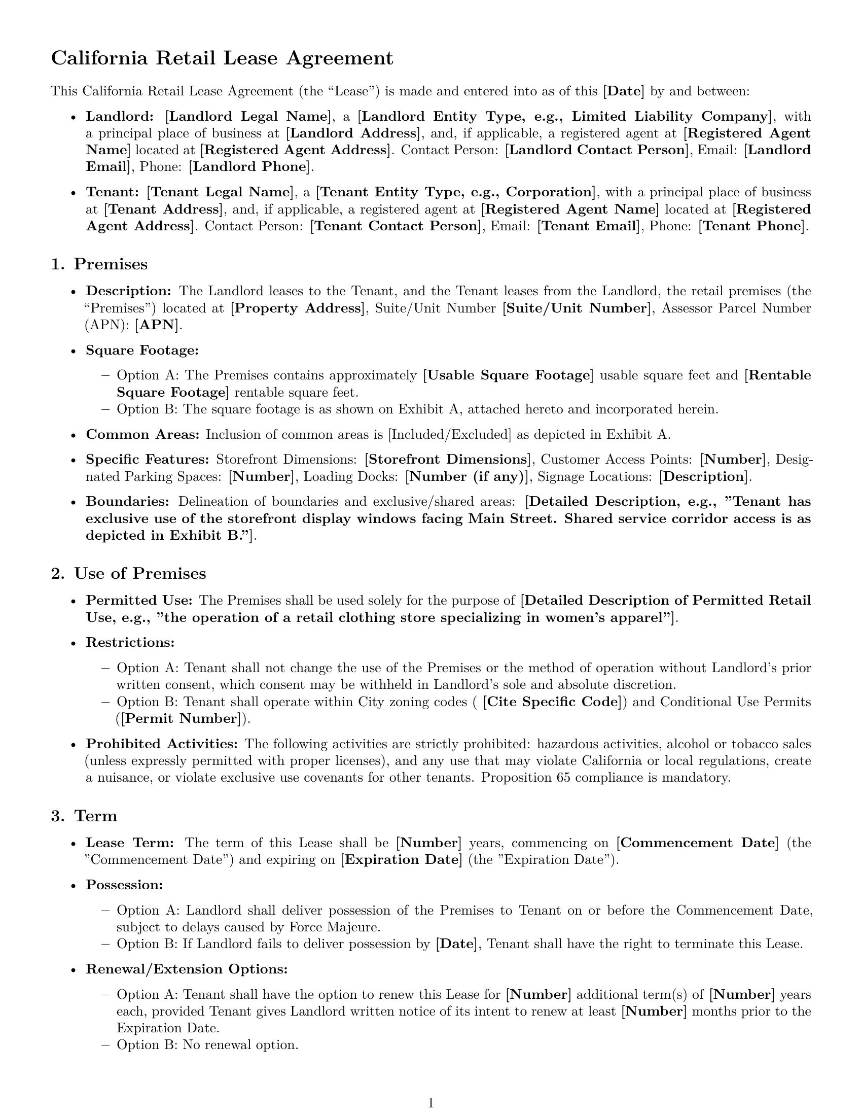 Preview page 1 of Free California retail lease agreement template