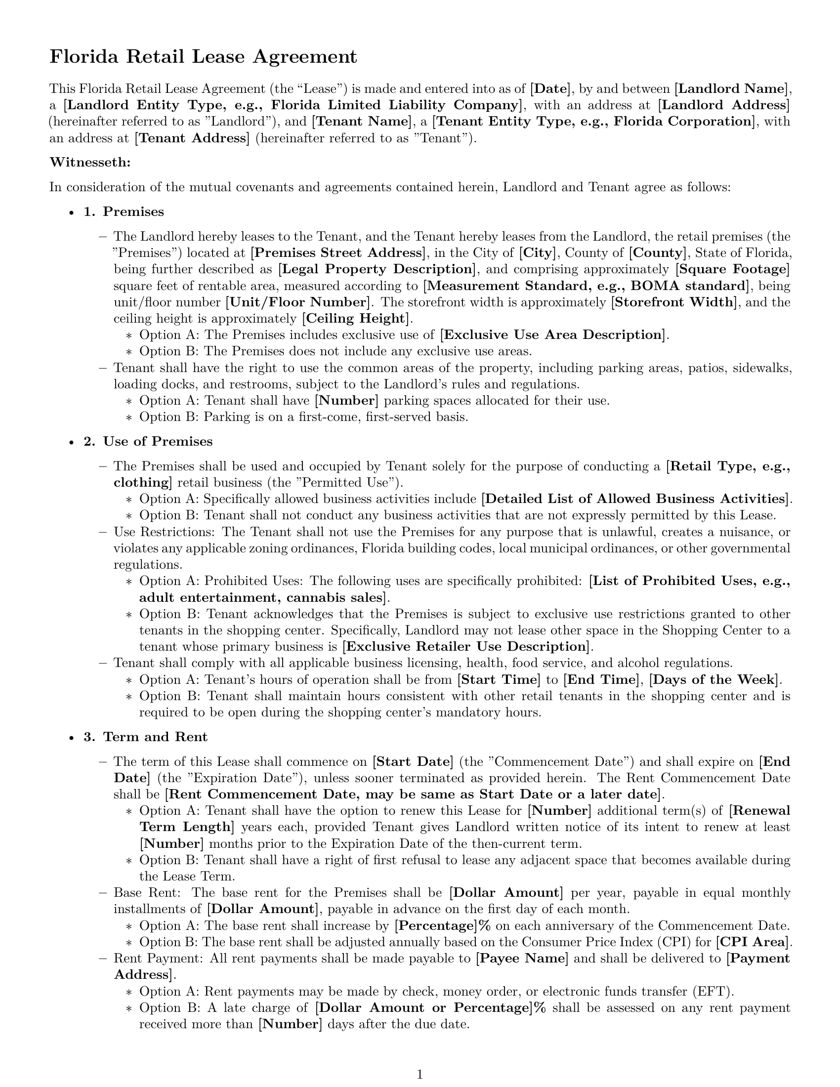 Preview page 1 of Free Florida retail lease agreement template