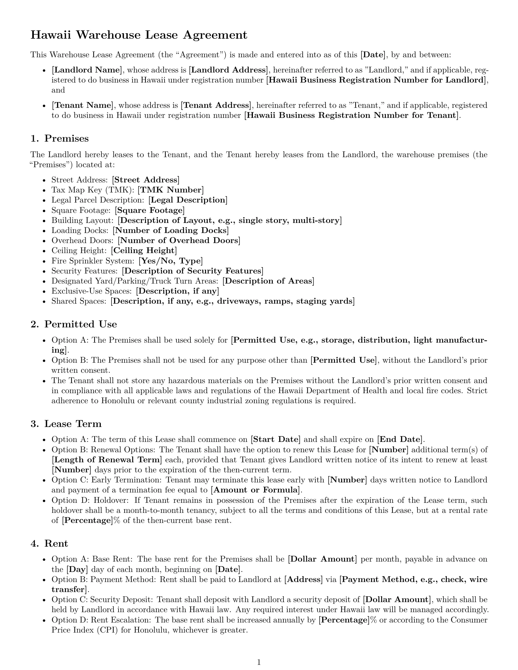 Preview page 1 of Free Hawaii warehouse lease agreement template