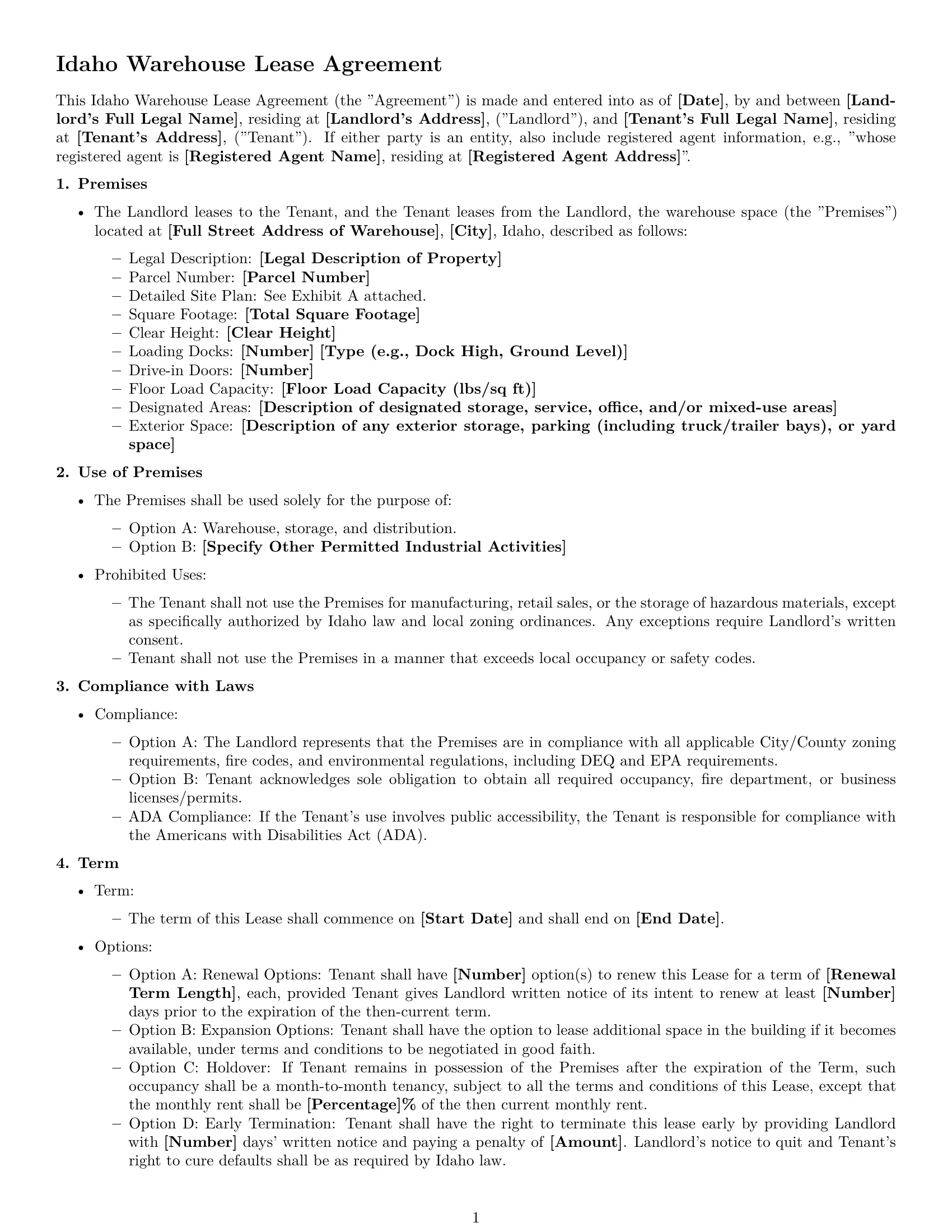 Preview page 1 of Free Idaho warehouse lease agreement template