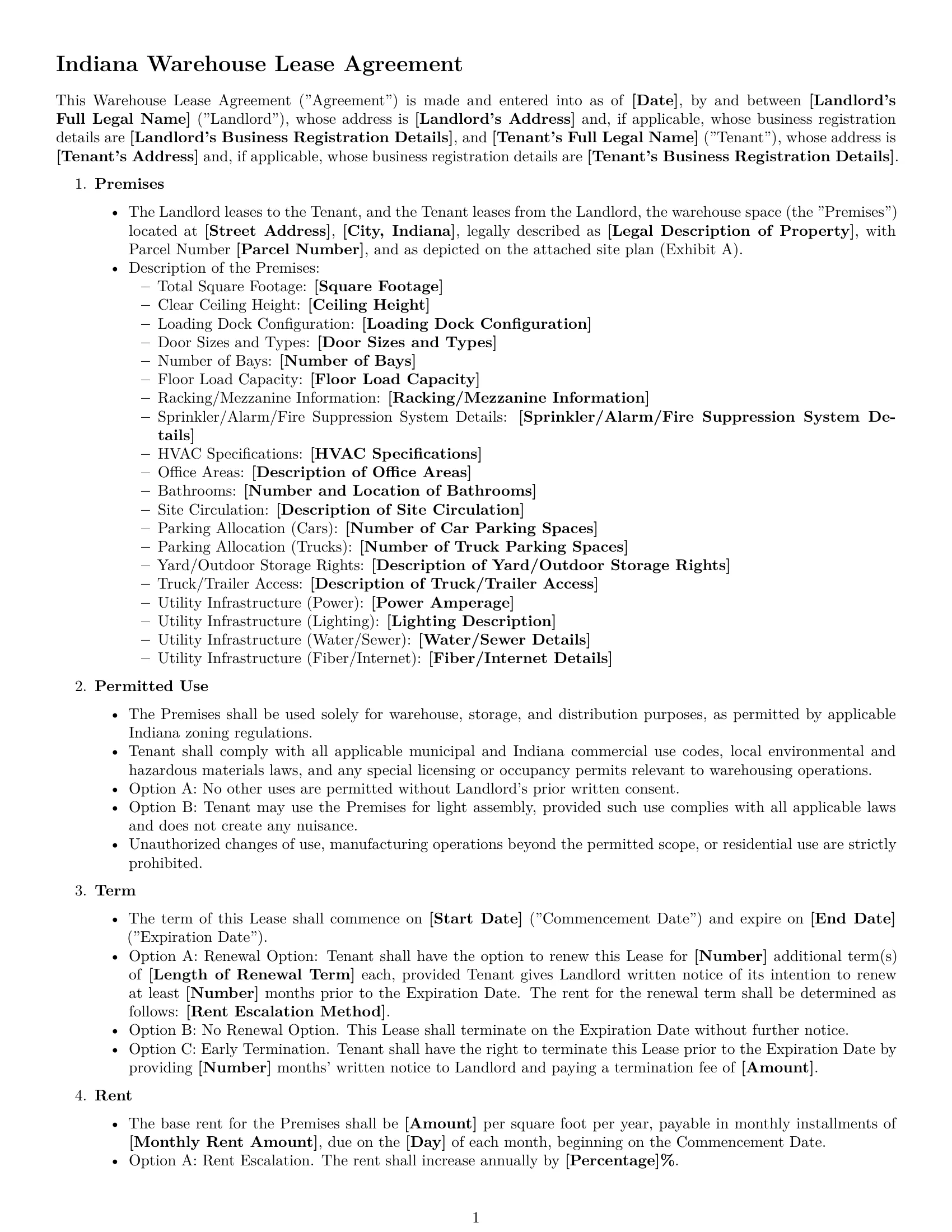 Preview page 1 of Free Indiana warehouse lease agreement template