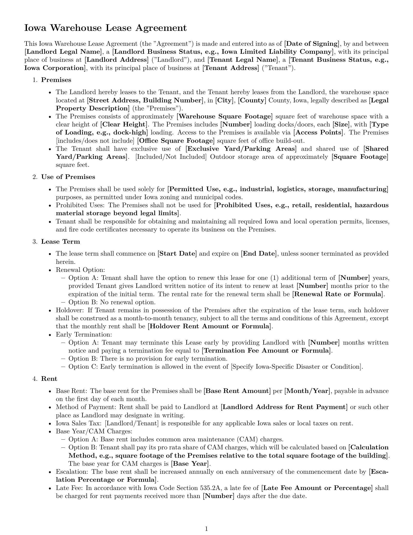 Preview page 1 of Free Iowa warehouse lease agreement template