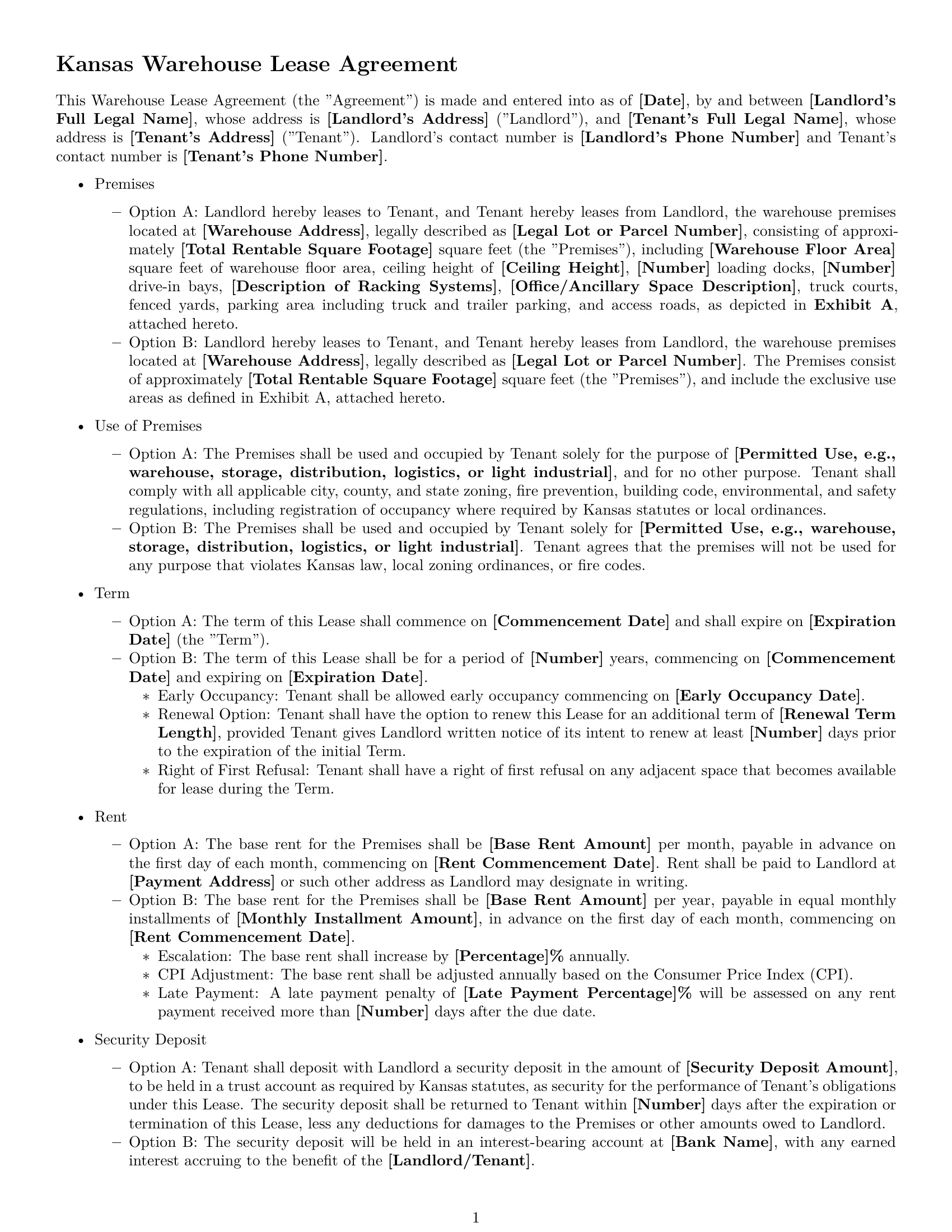 Preview page 1 of Free Kansas warehouse lease agreement template