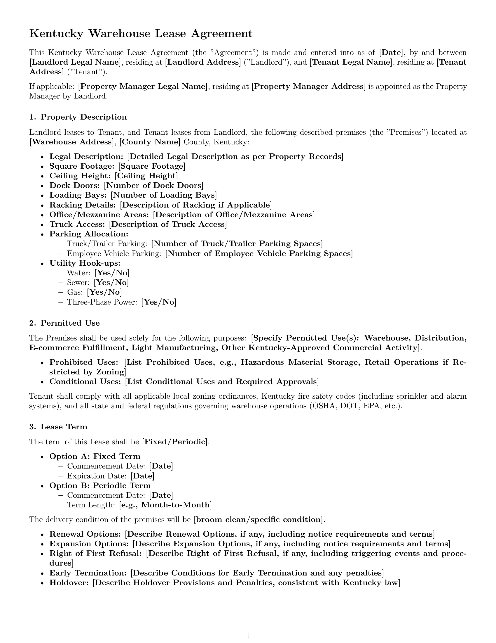 Preview page 1 of Free Kentucky warehouse lease agreement template