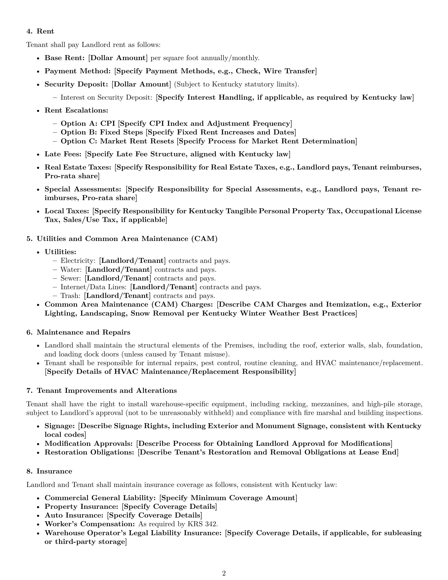 Preview page 2 of Free Kentucky warehouse lease agreement template