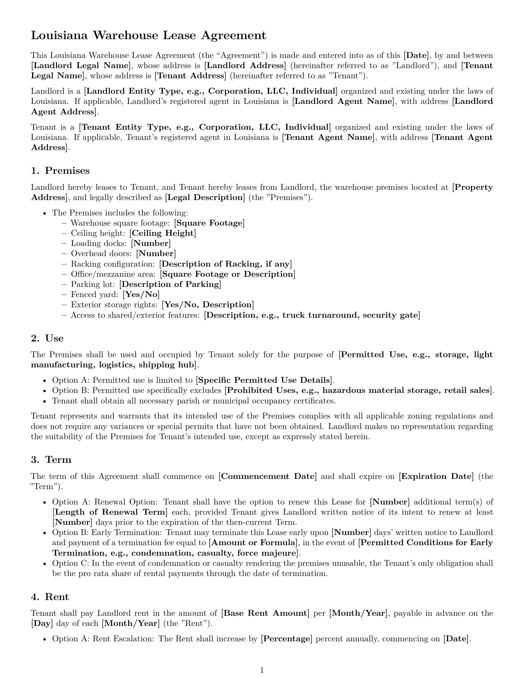 Preview page 1 of Free Louisiana warehouse lease agreement template