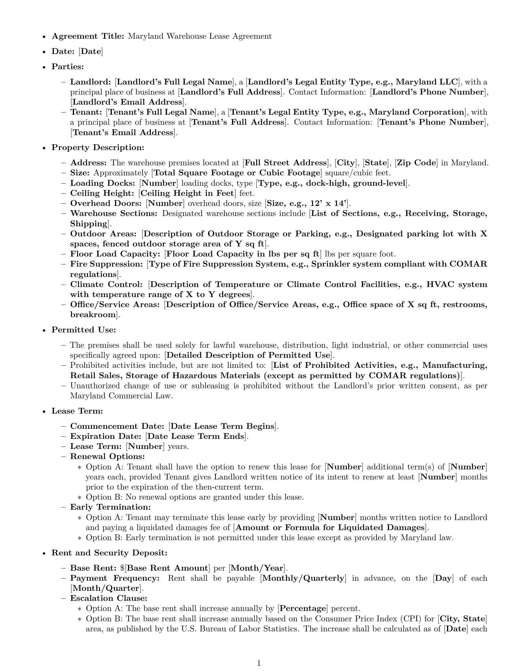 Preview page 1 of Free Maryland warehouse lease agreement template