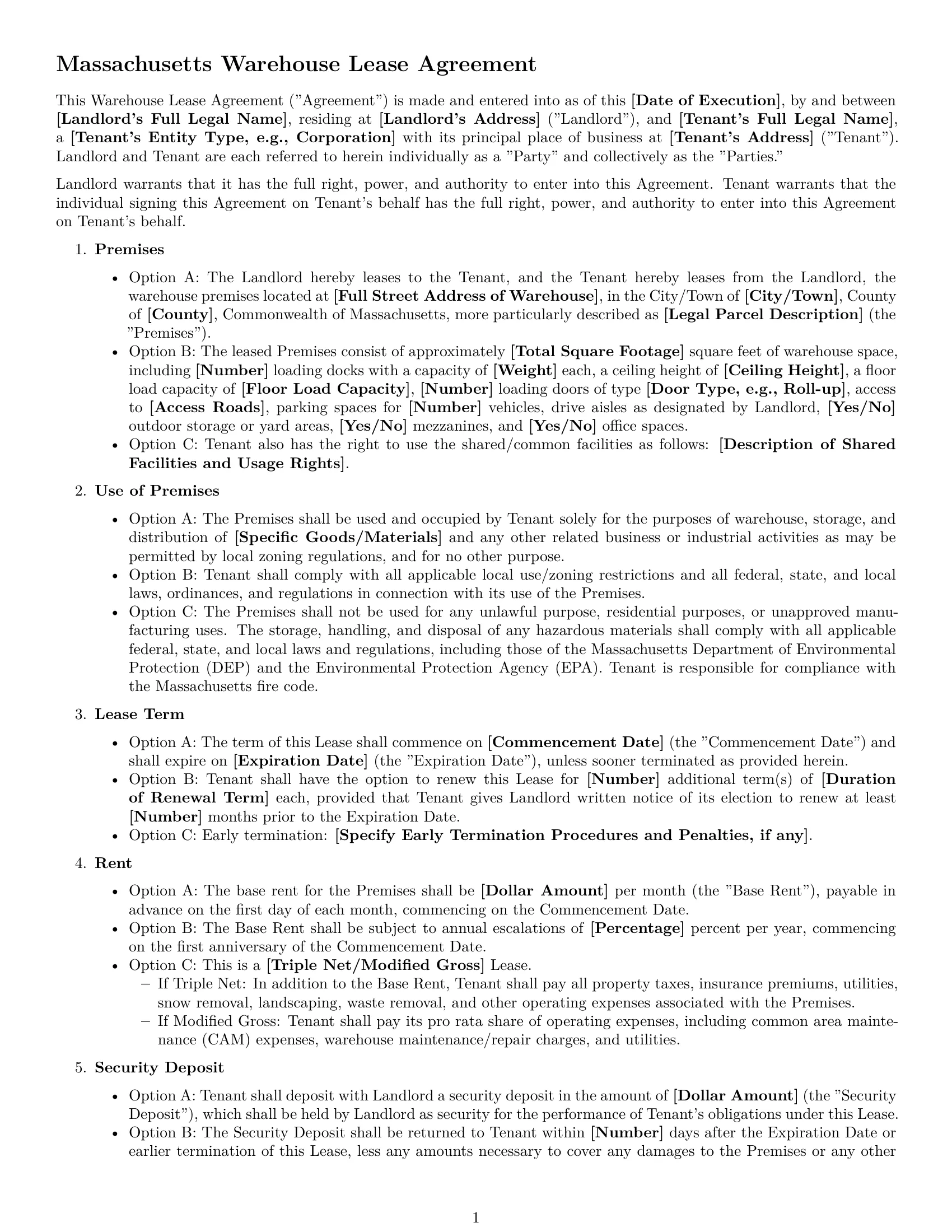 Preview page 1 of Free Massachusetts warehouse lease agreement template