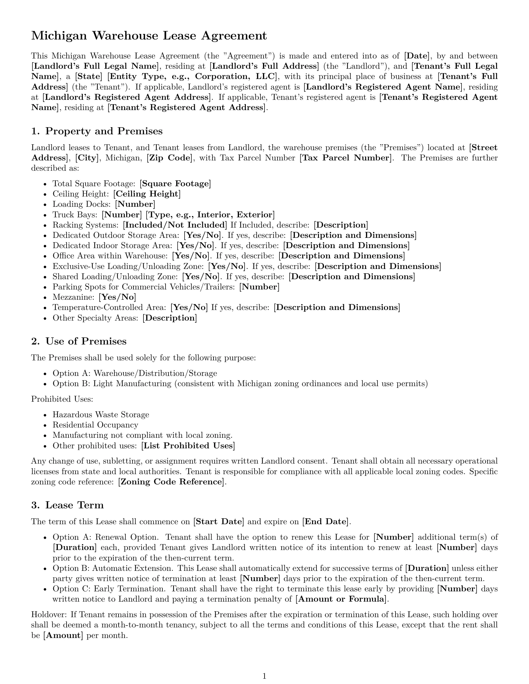 Preview page 1 of Free Michigan warehouse lease agreement template