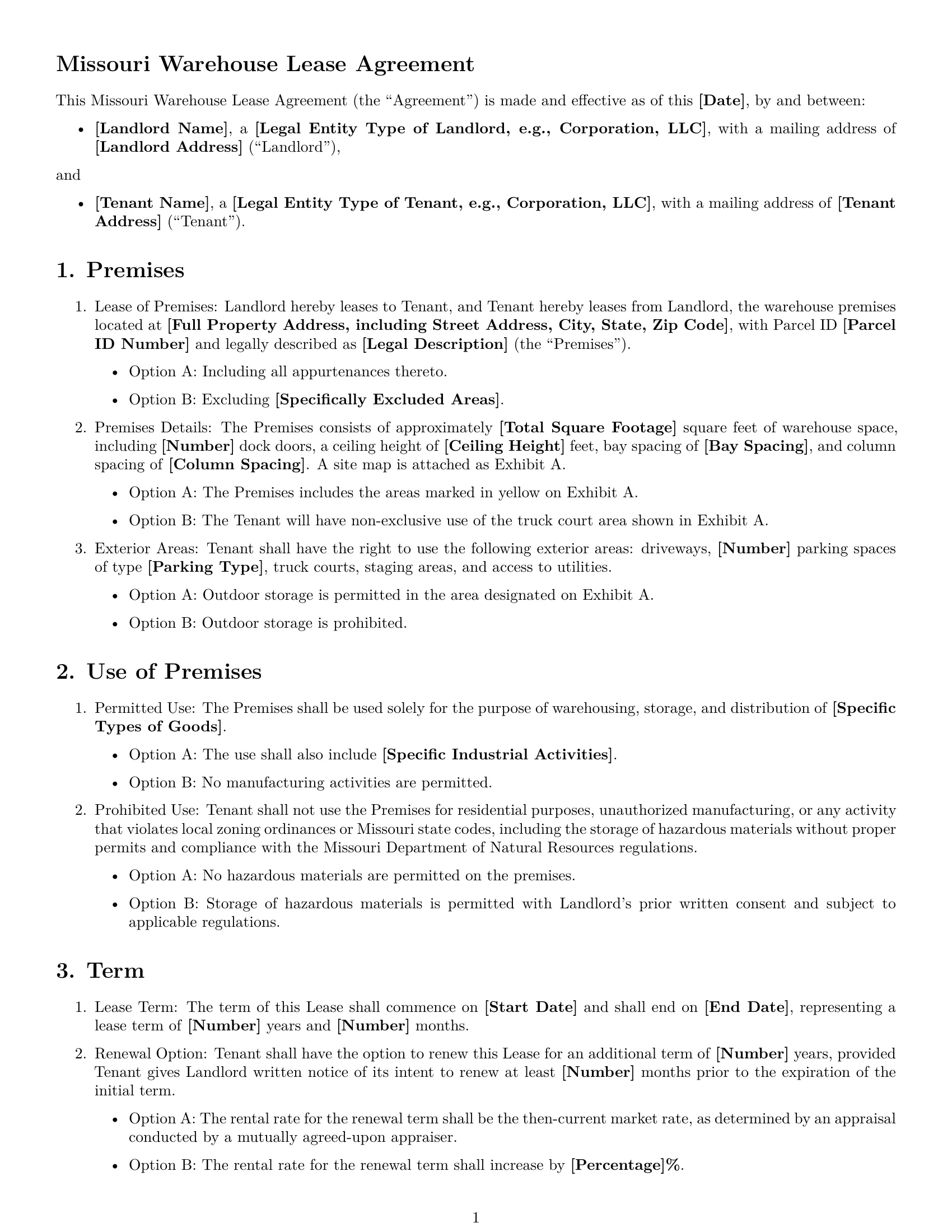 Preview page 1 of Free Missouri warehouse lease agreement template