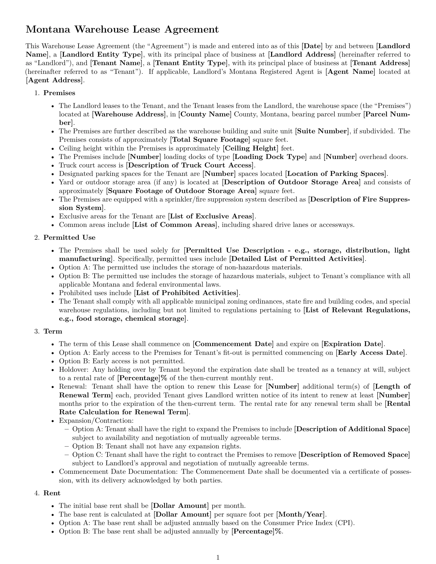 Preview page 1 of Free Montana warehouse lease agreement template