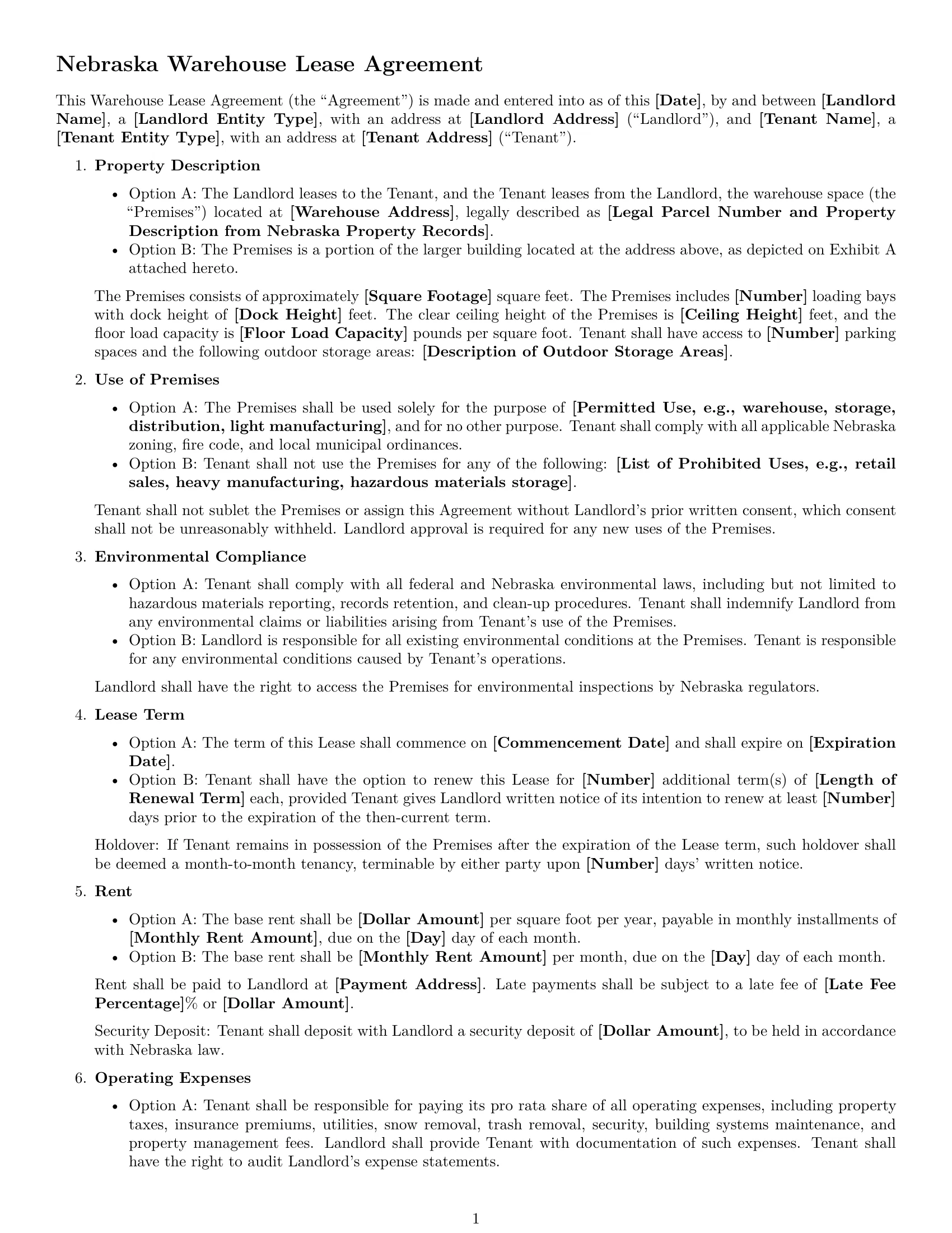 Preview page 1 of Free Nebraska warehouse lease agreement template