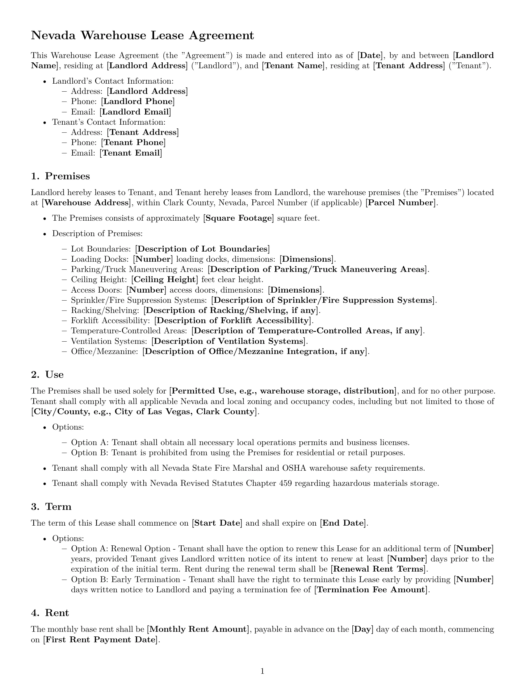 Preview page 1 of Free Nevada warehouse lease agreement template