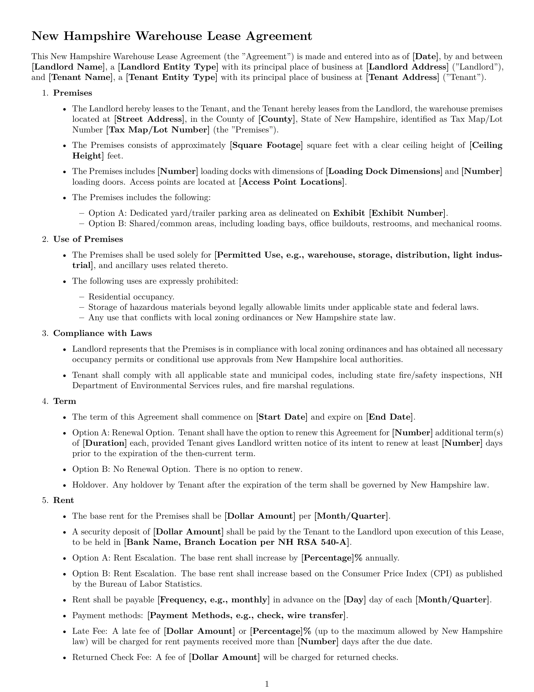 Preview page 1 of Free New Hampshire warehouse lease agreement template