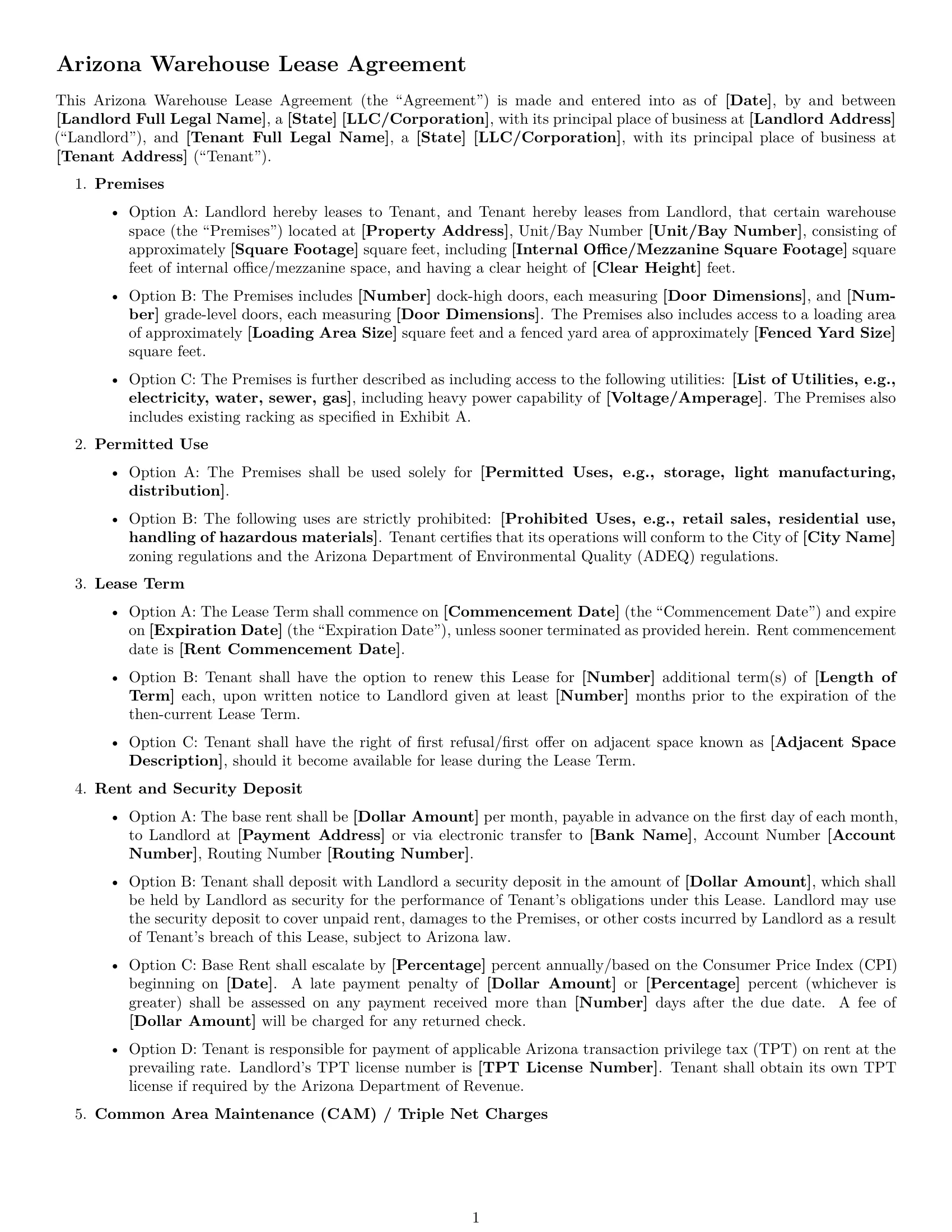 Preview page 1 of Free Arizona warehouse lease agreement template